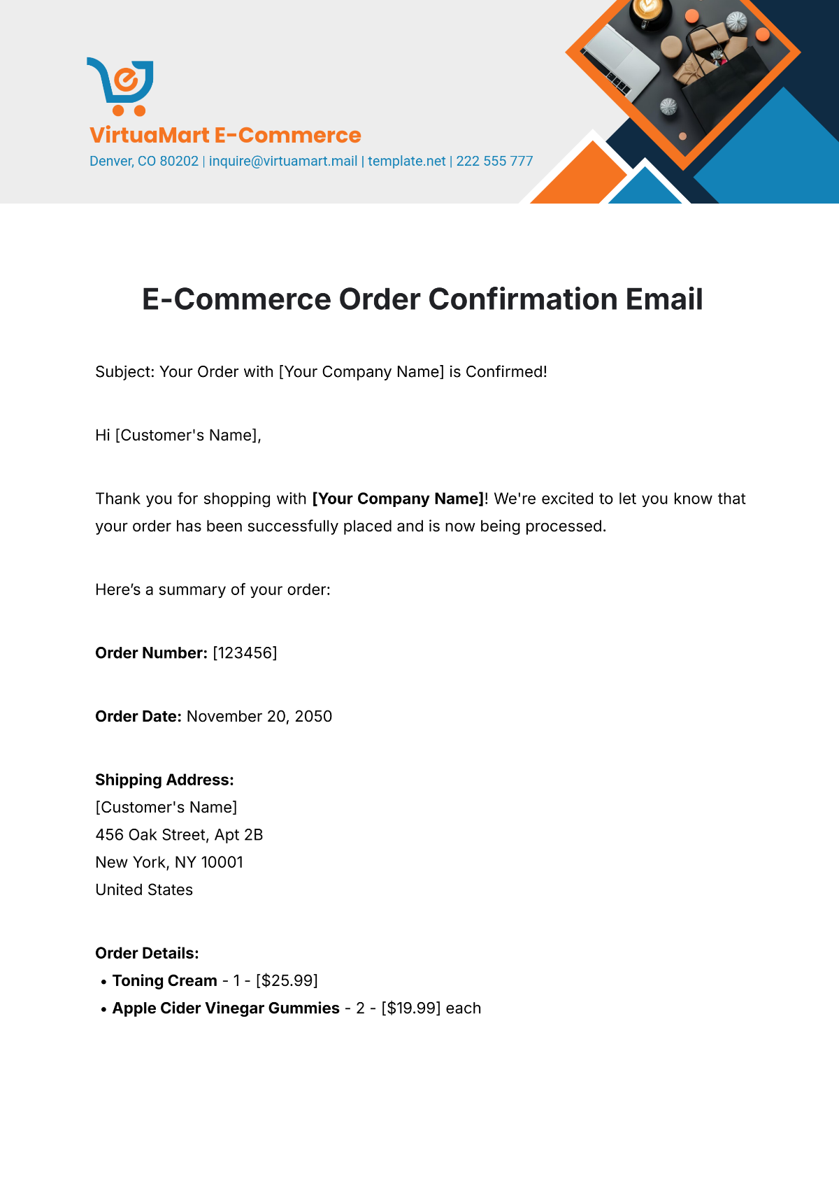 E-Commerce Order Confirmation Email Template - Edit Online & Download