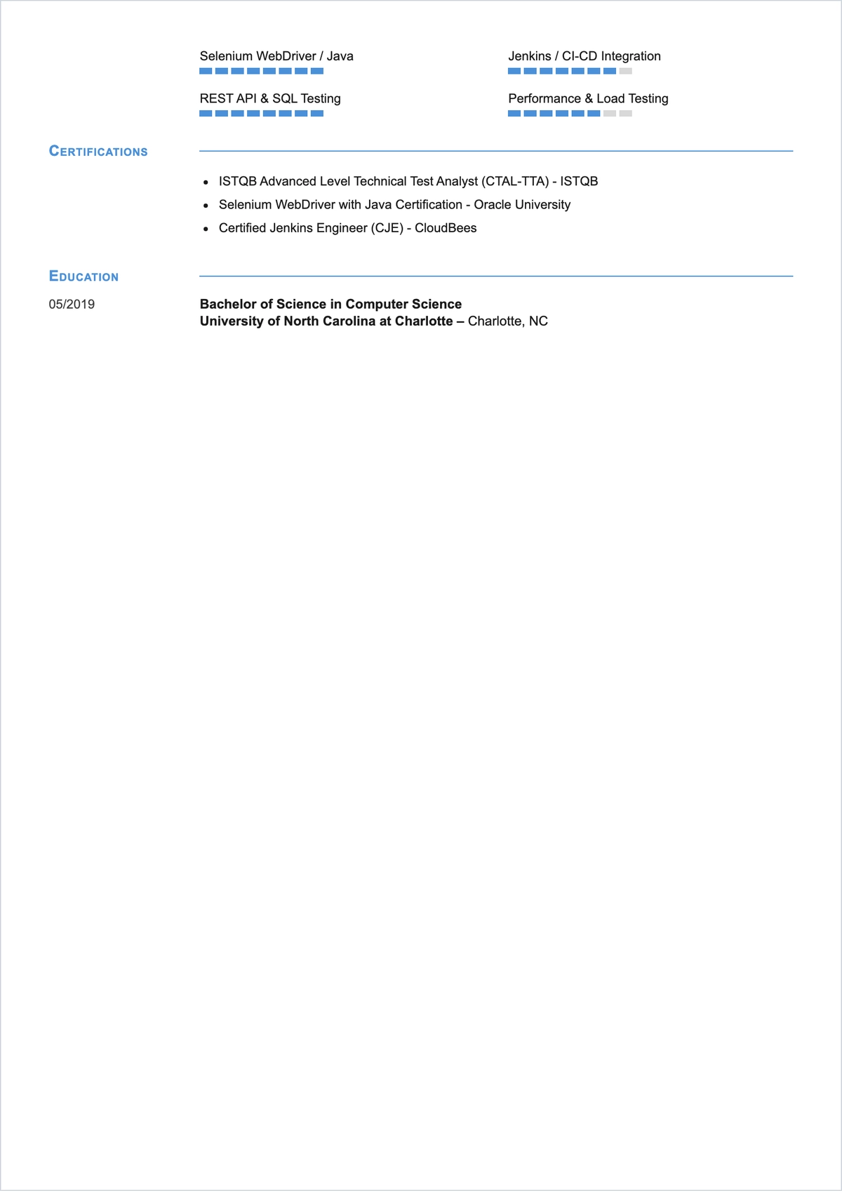 Free QA Test Engineer ATS Resume Layout Template, AI Resume Builder