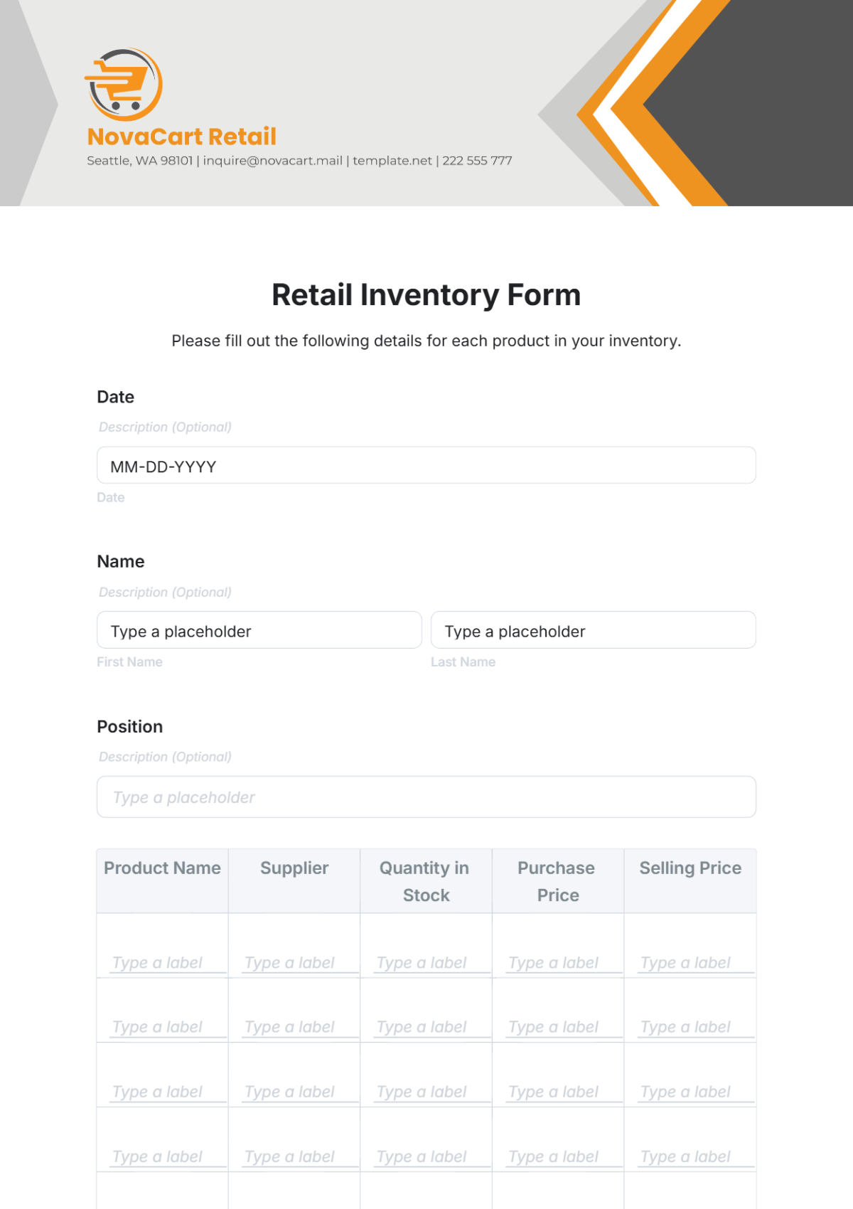 Retail Inventory Form Template