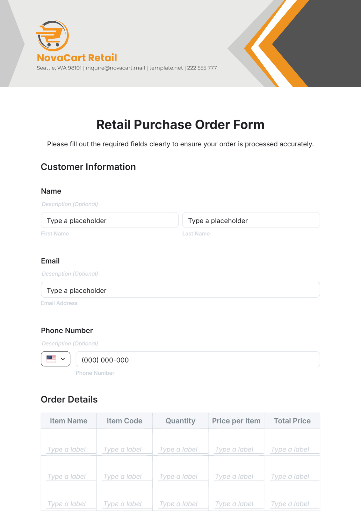 Retail Purchase Order Form Template