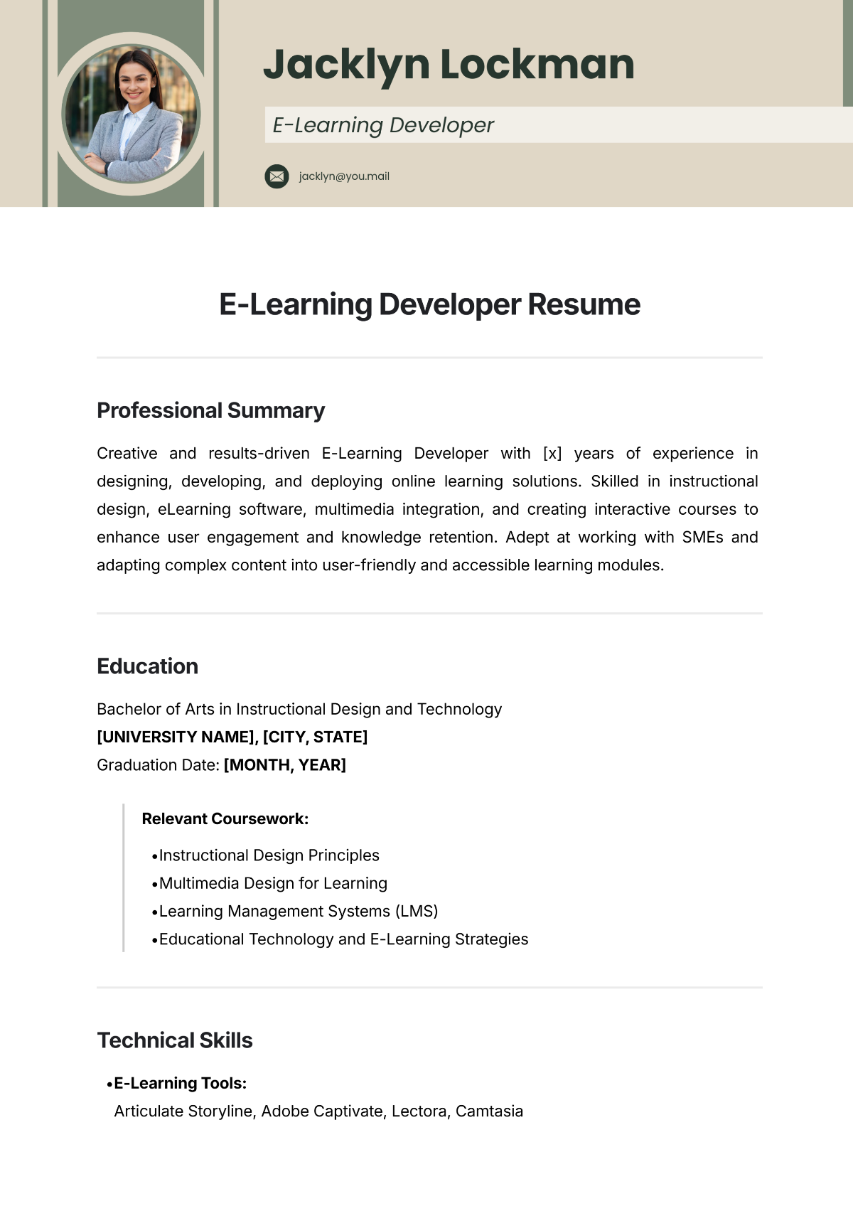 E- Learning Developer Resume Template - Edit Online & Download