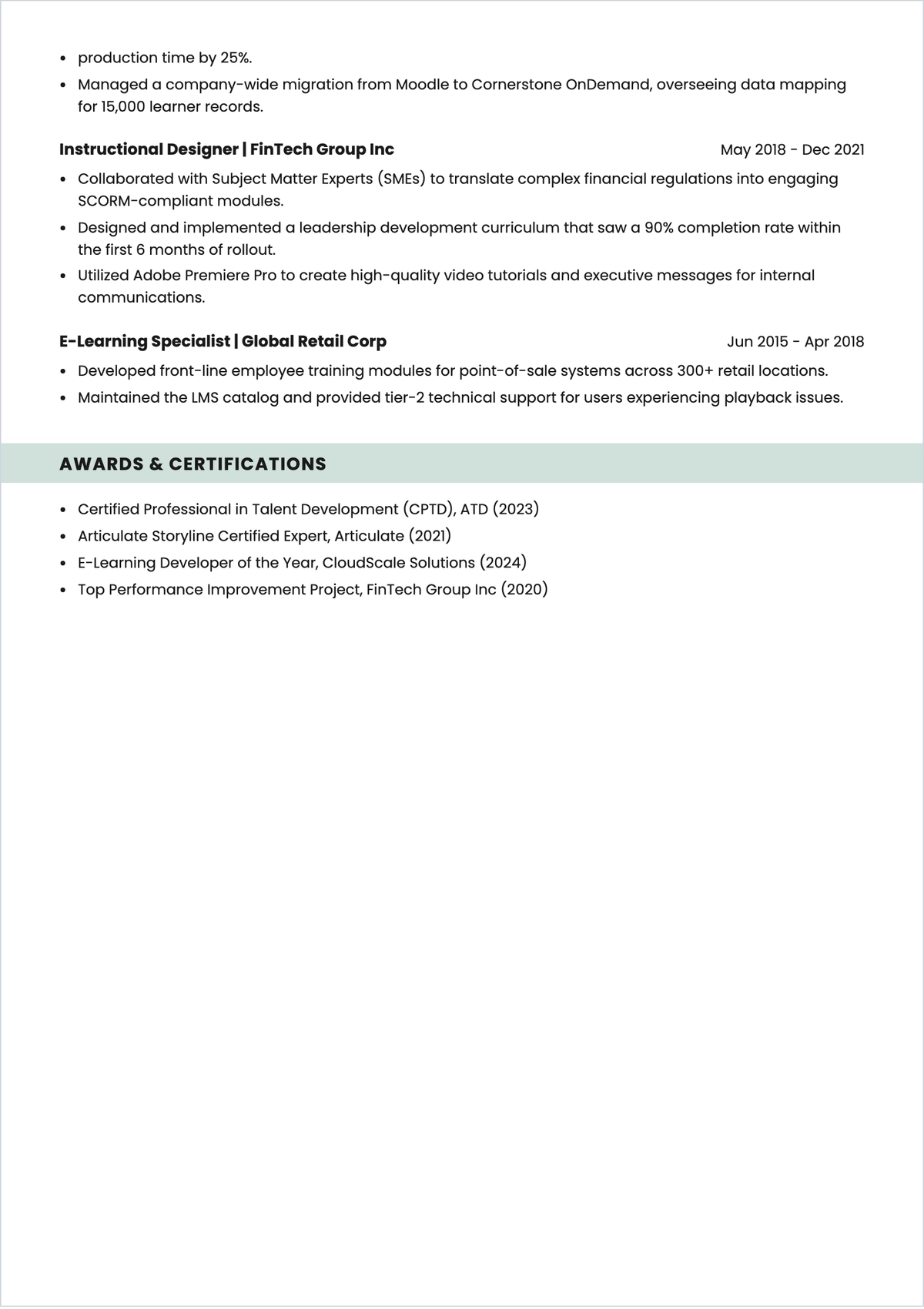Free E- Learning Developer ATS Resume Template, AI Resume Builder