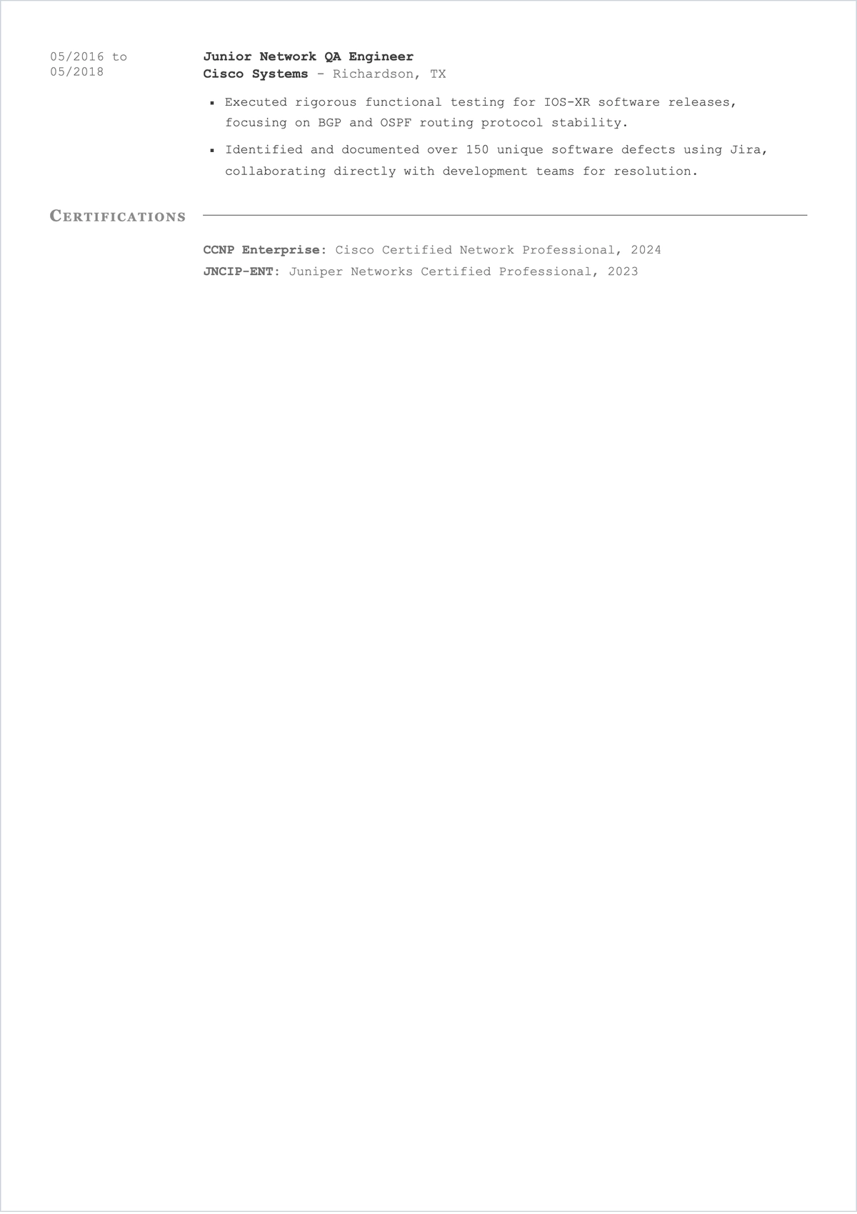 Free Network Test Engineer ATS Resume Template, AI Resume Builder