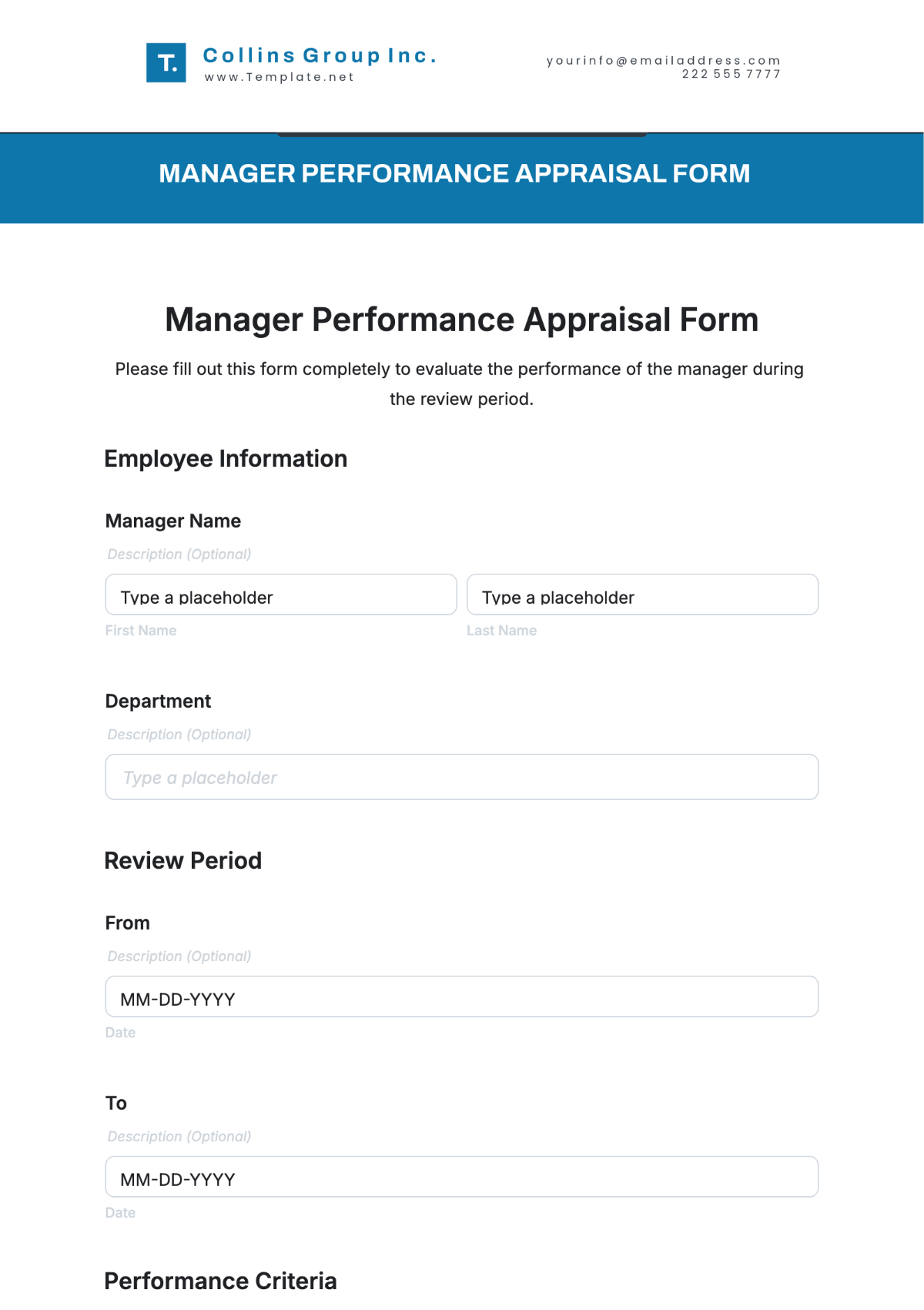 Manager Performance Appraisal Form Template - Edit Online & Download