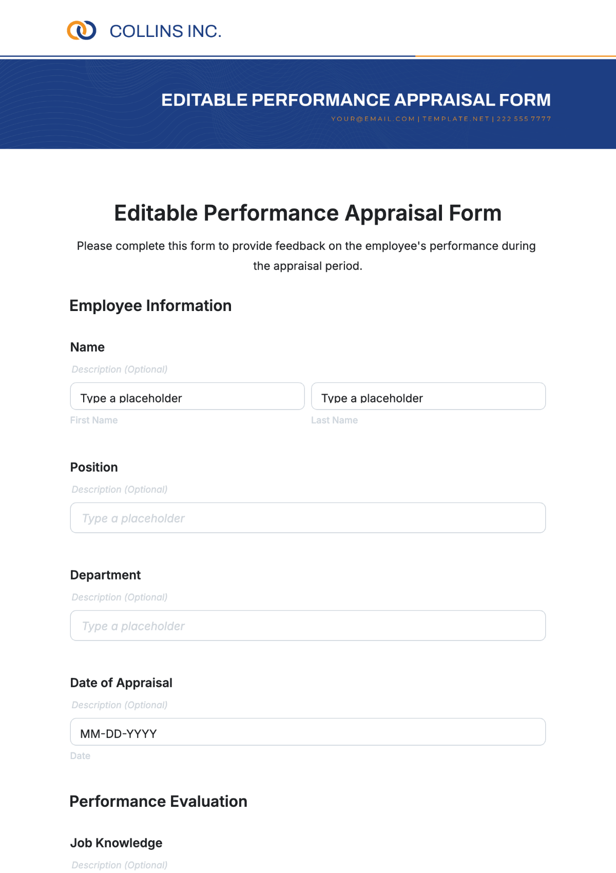 Free Editable Performance Appraisal Form Template