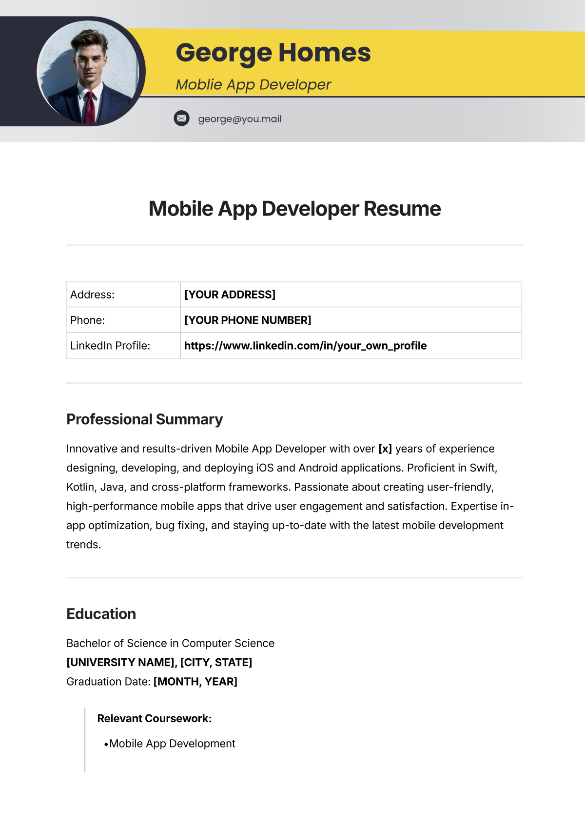 Mobile App Developer Resume Template - Edit Online & Download