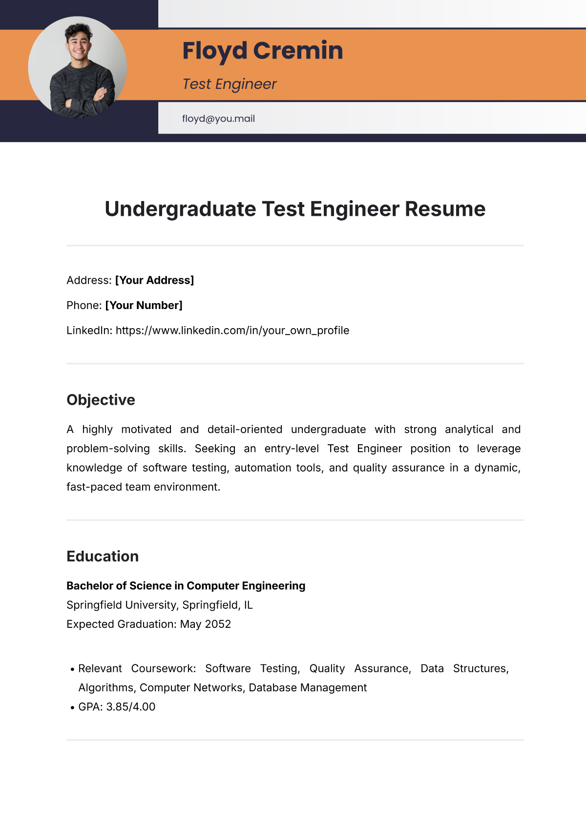 Undergraduate Test Engineer Resume Template - Edit Online & Download