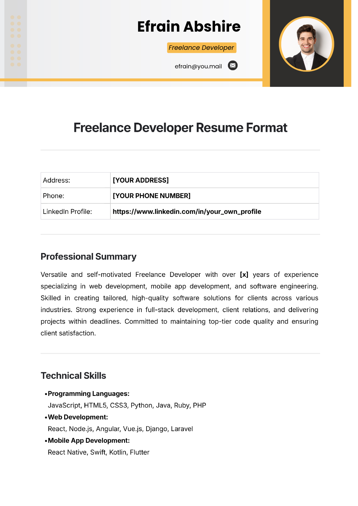 Freelance Developer Resume Format Template - Edit Online & Download