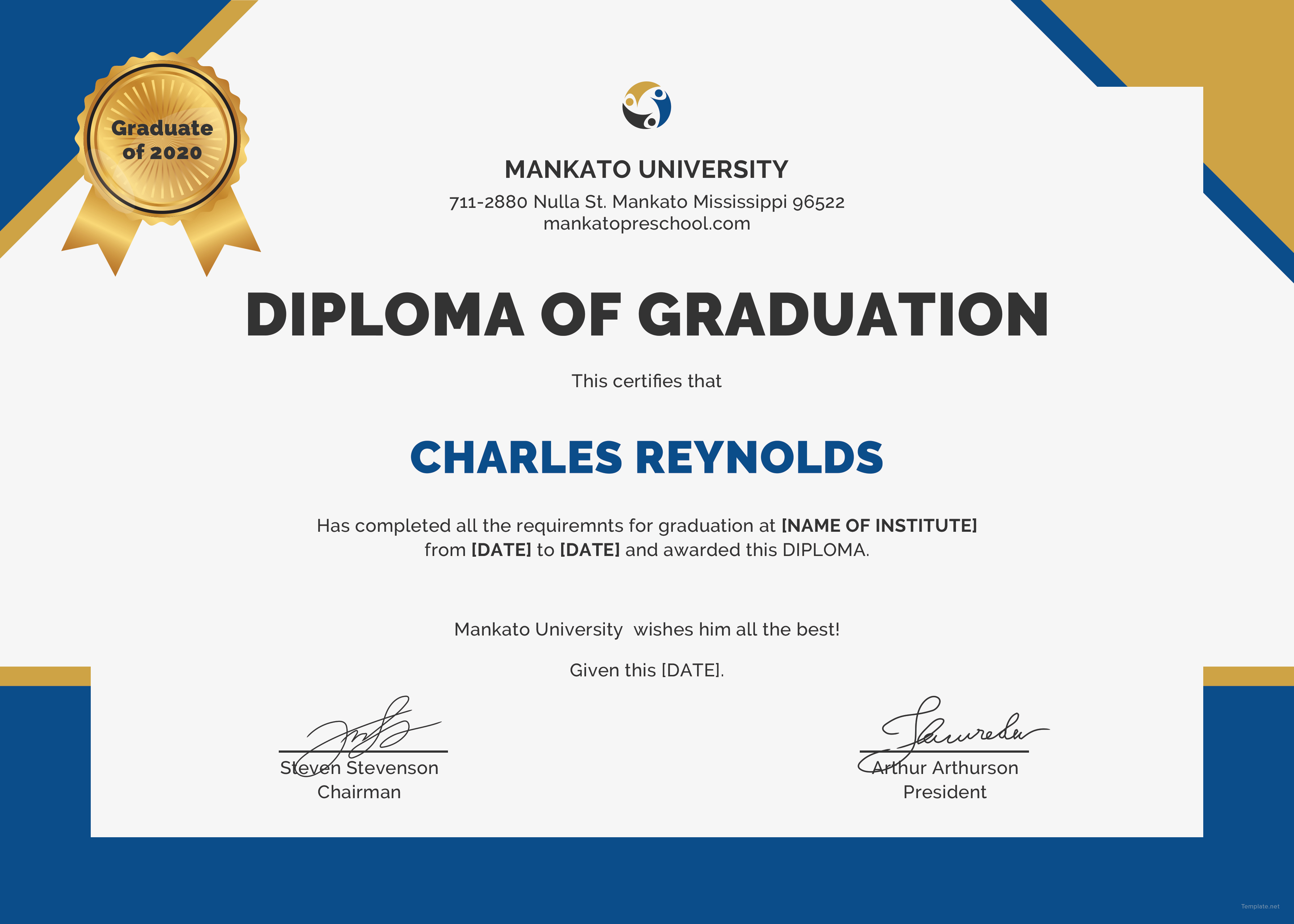 Free Diploma Of Graduation Certificate Template In PSD MS Word Publisher Illustrator