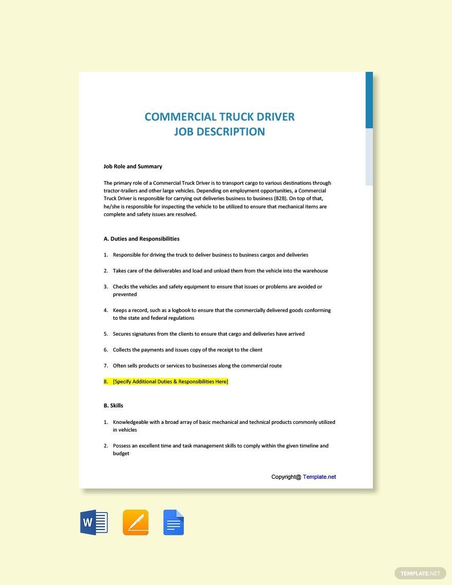 Commercial Truck Driver Job Ads and Description Template