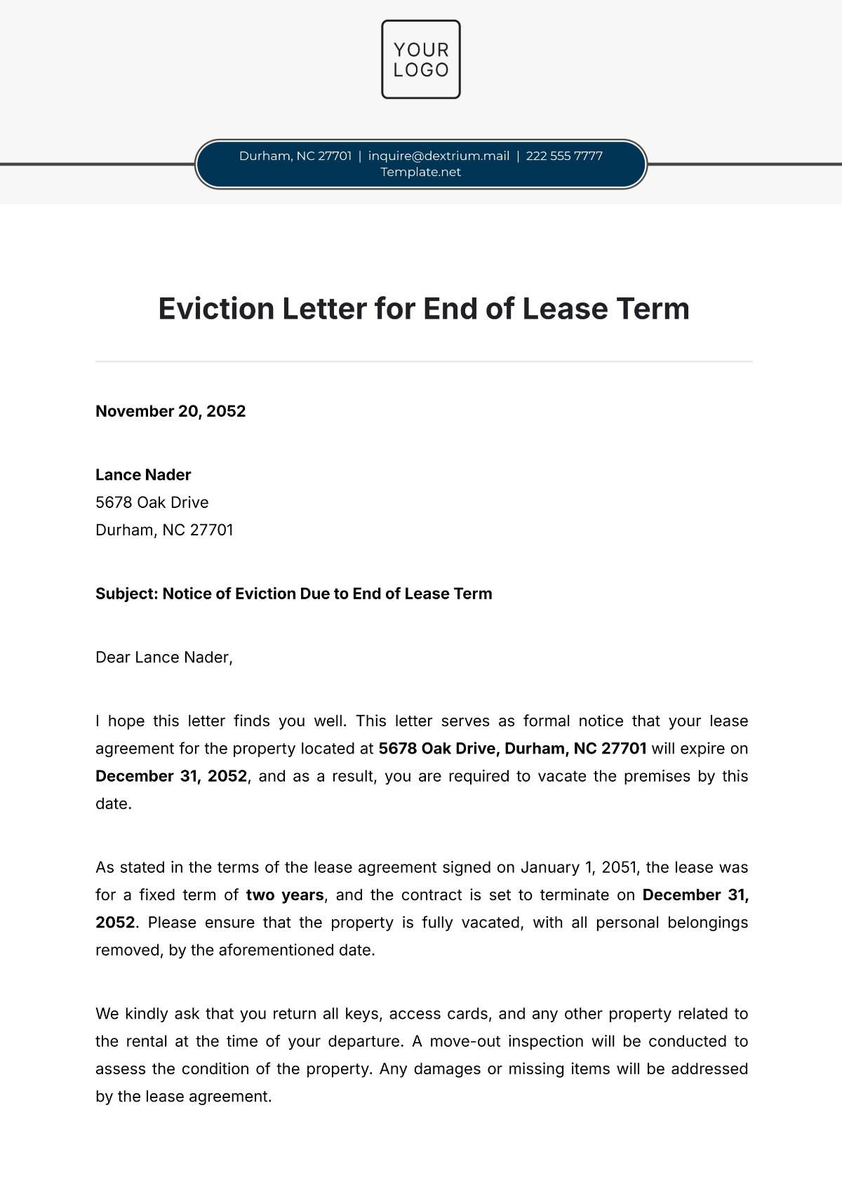 Eviction Letter for End of Lease Term Template - Edit Online & Download