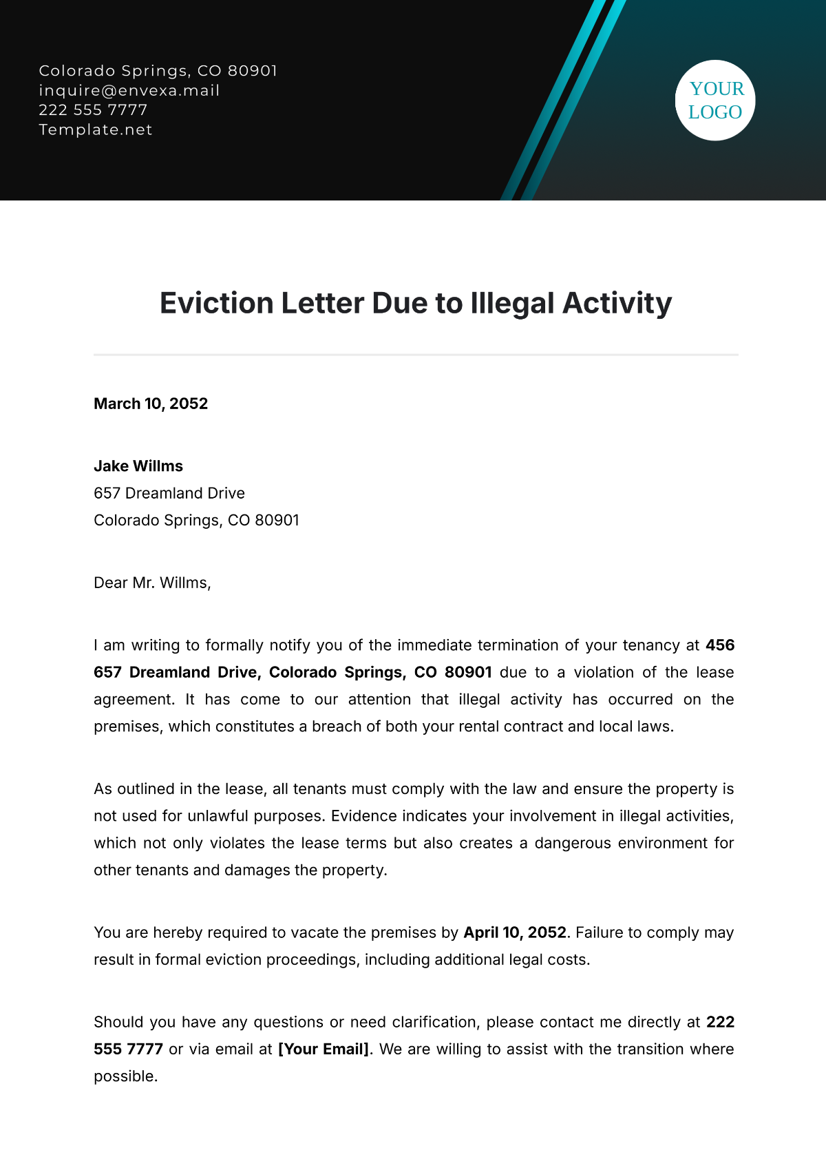 Eviction Letter Due to Illegal Activity Template - Edit Online & Download