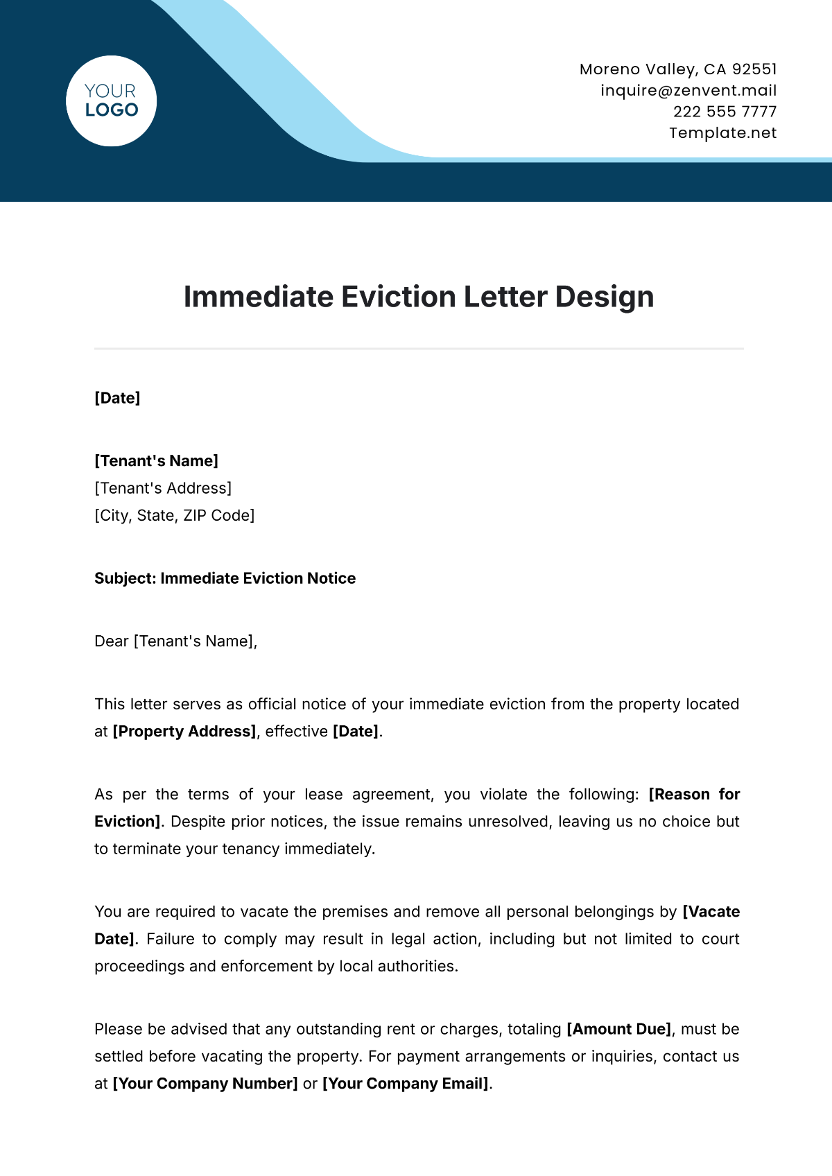 Immediate Eviction Letter Design Template - Edit Online & Download