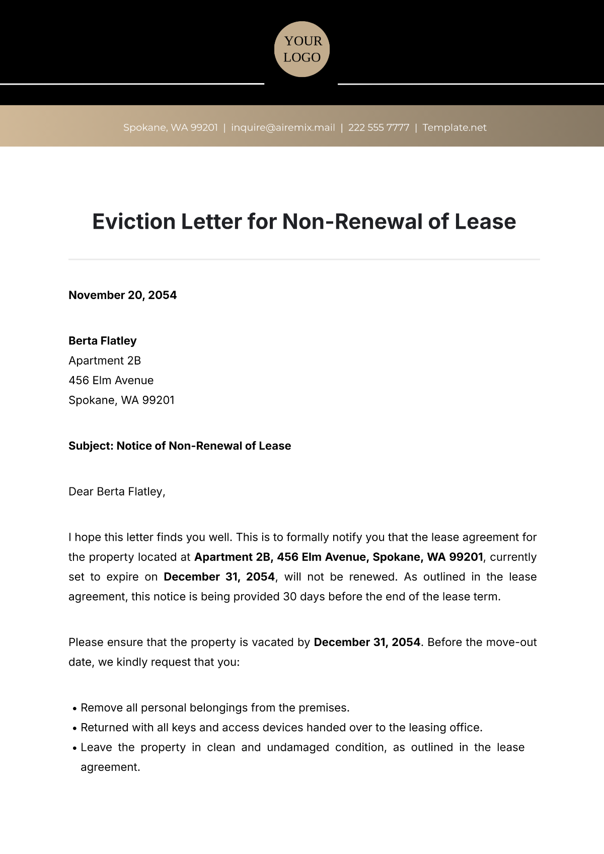 Eviction Letter for Non-Renewal of Lease Template - Edit Online & Download