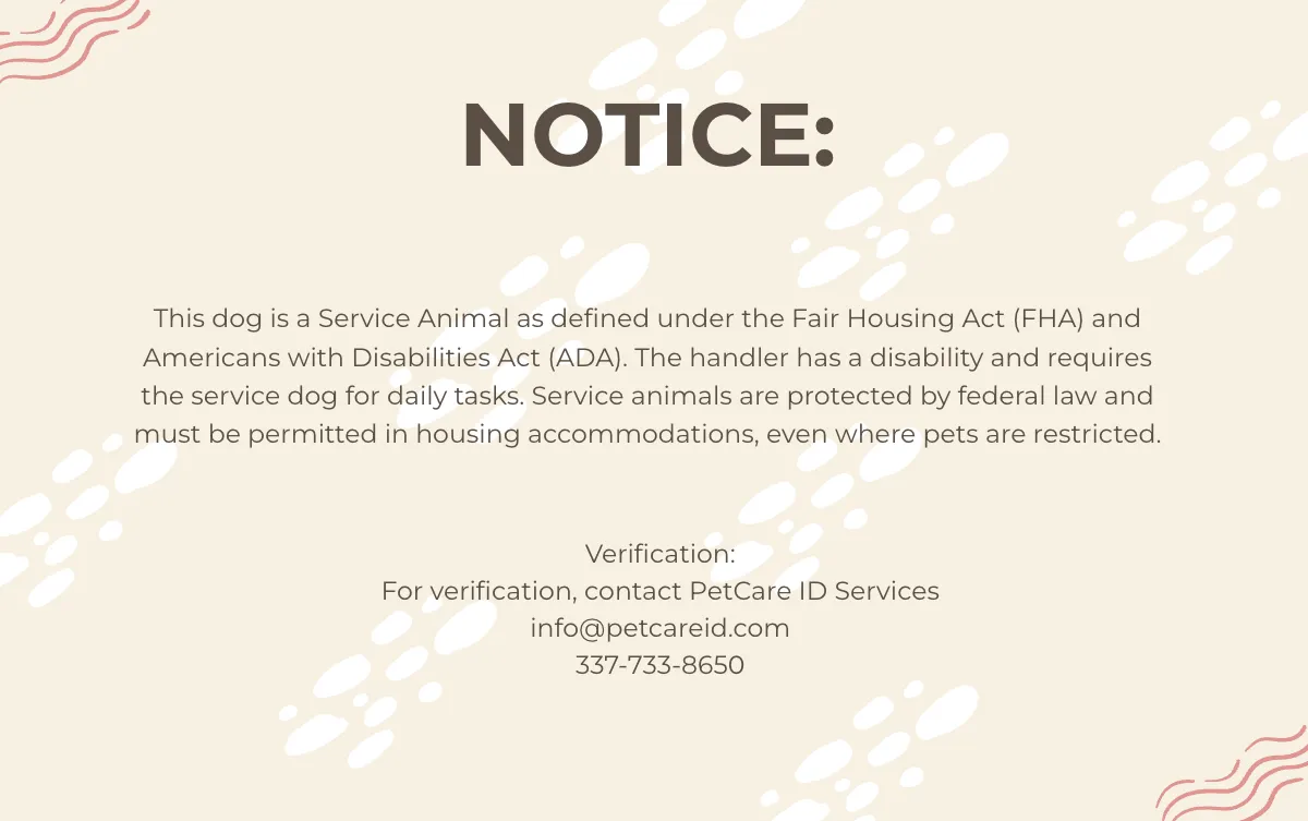 Free Service Dog ID Card for Housing Template to Edit Online