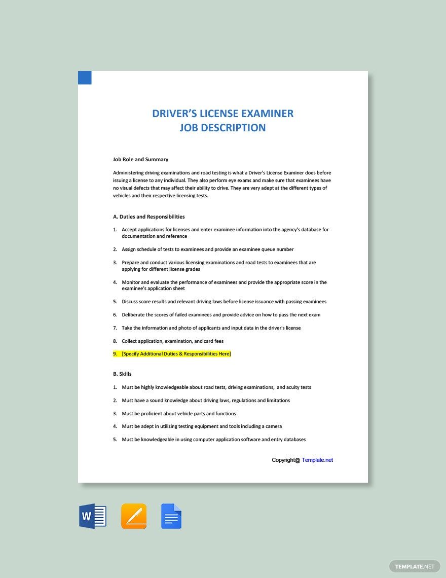Drivers License Examiner Job Ads and Description Template
