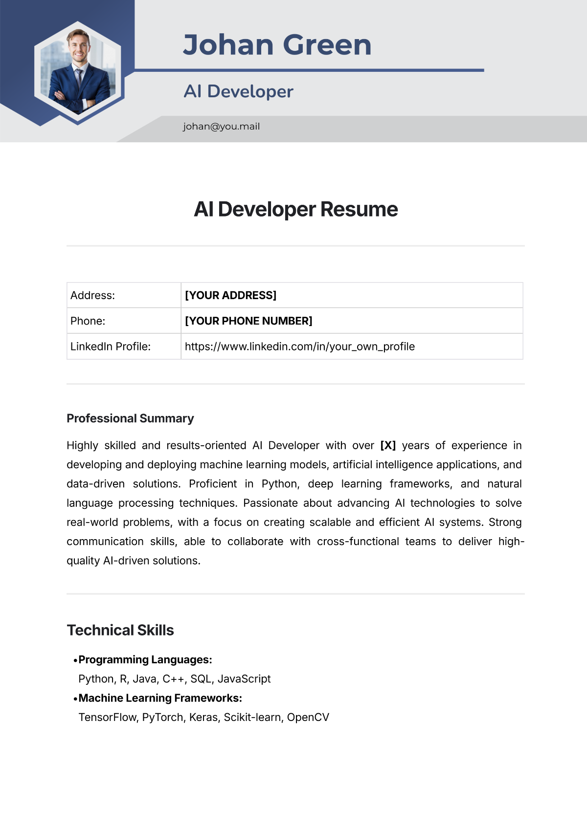 AI Developer Resume Template - Edit Online & Download