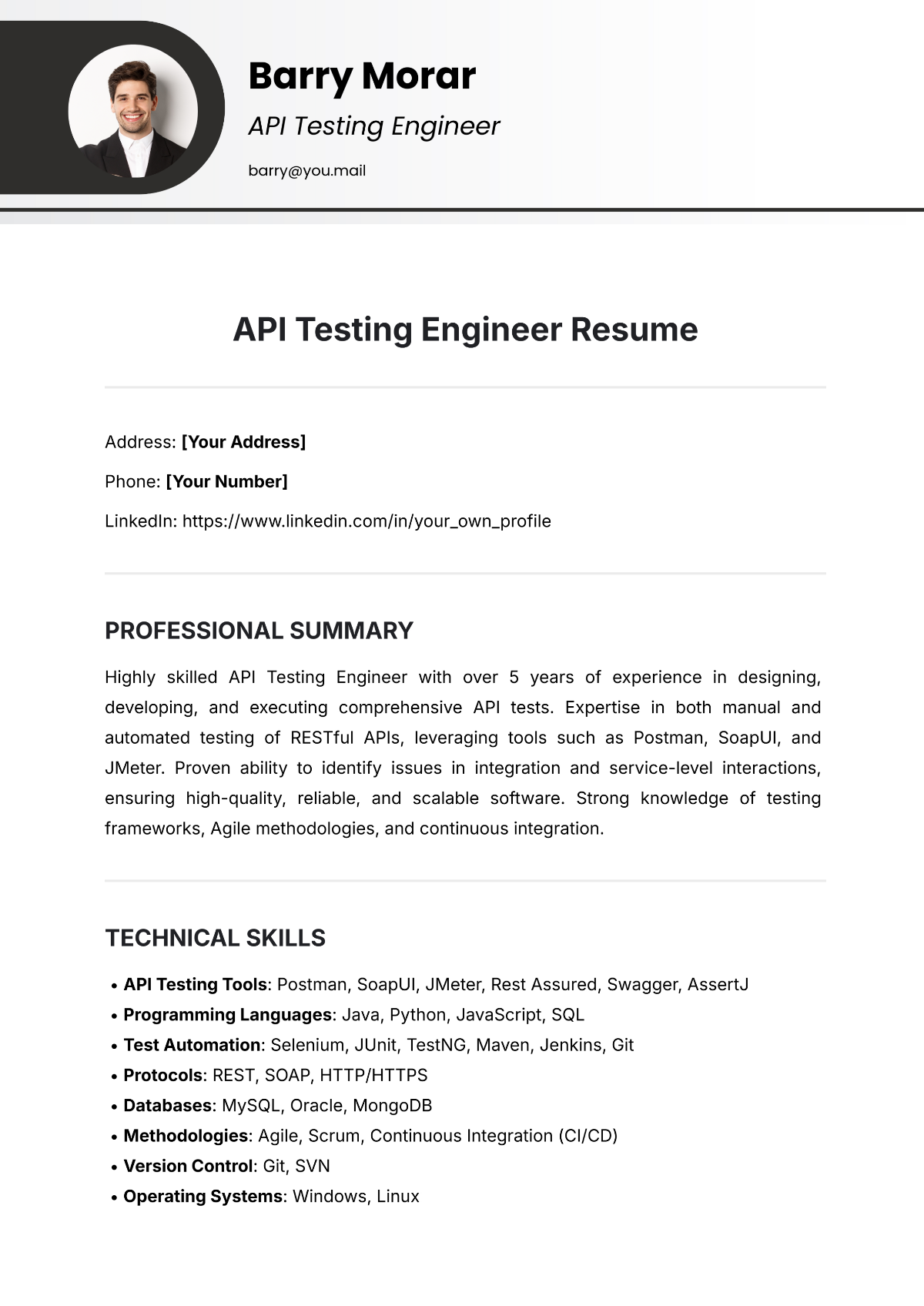 API Testing Engineer Resume Template - Edit Online & Download