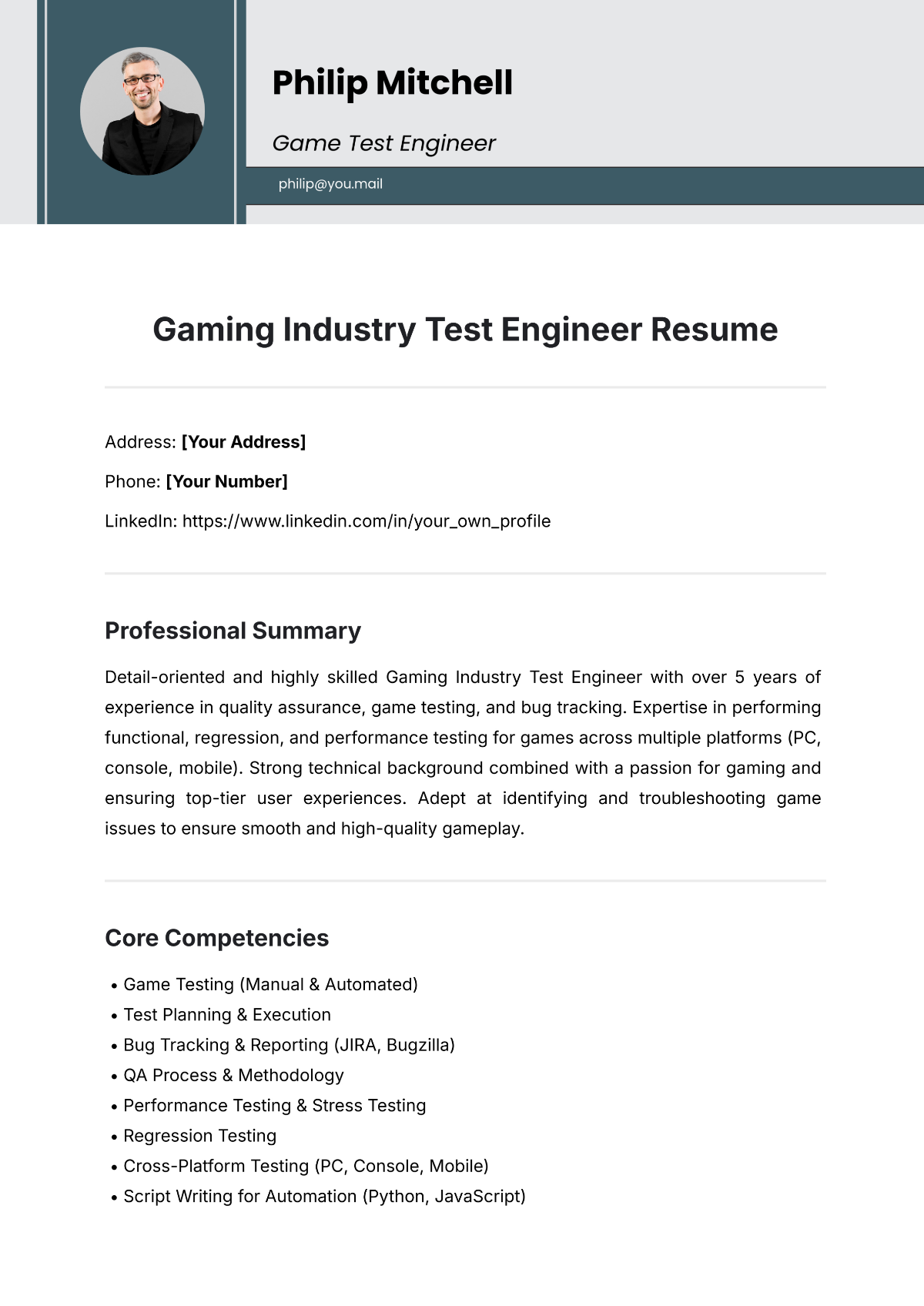 Gaming Industry Test Engineer Resume Template - Edit Online & Download