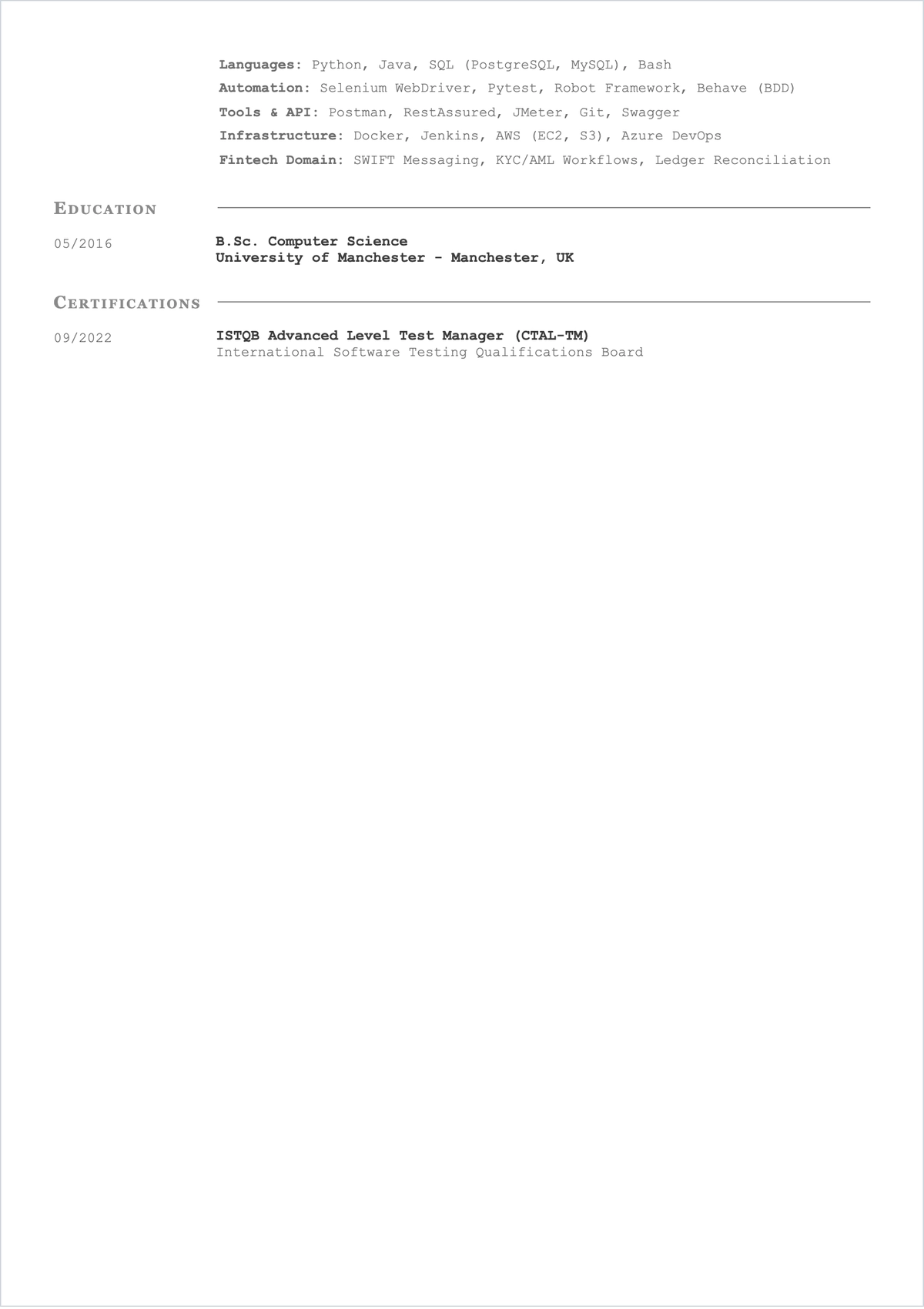 Free Freelance Test Engineer ATS Resume Template, AI Resume Builder