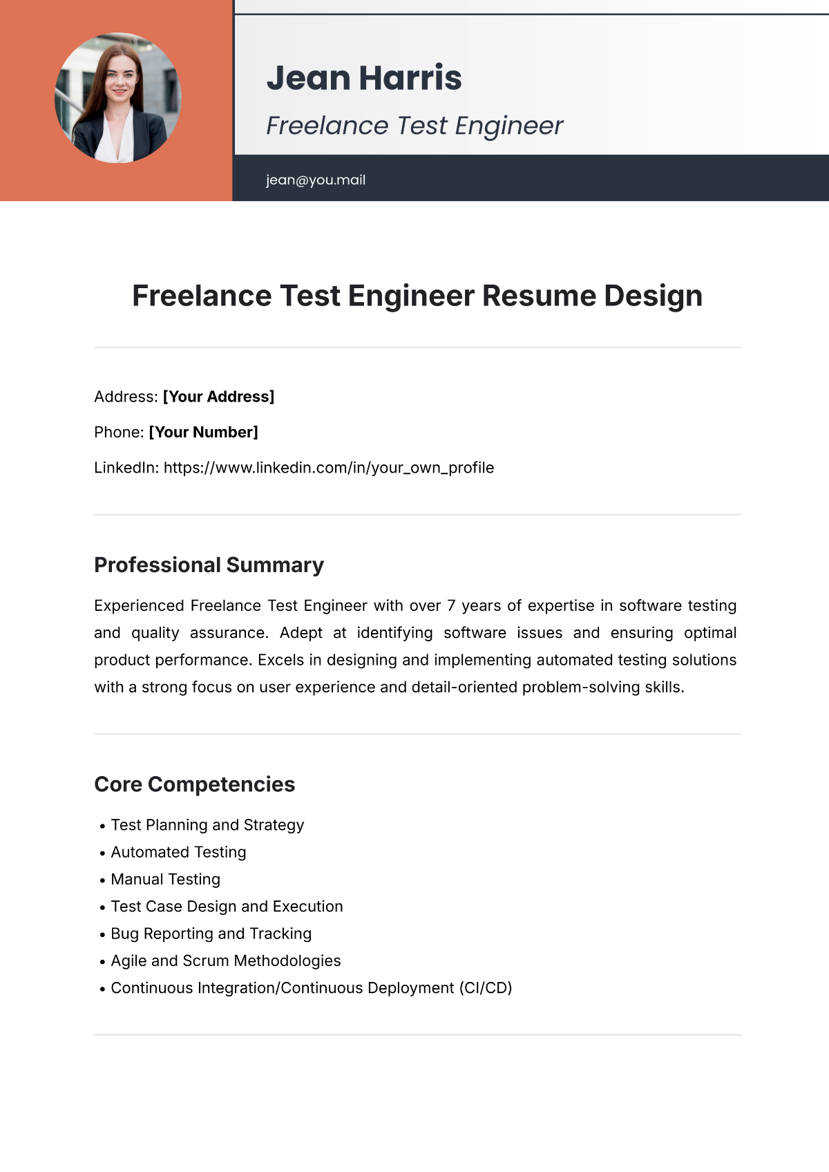 Freelance Test Engineer Resume Design Template - Edit Online & Download