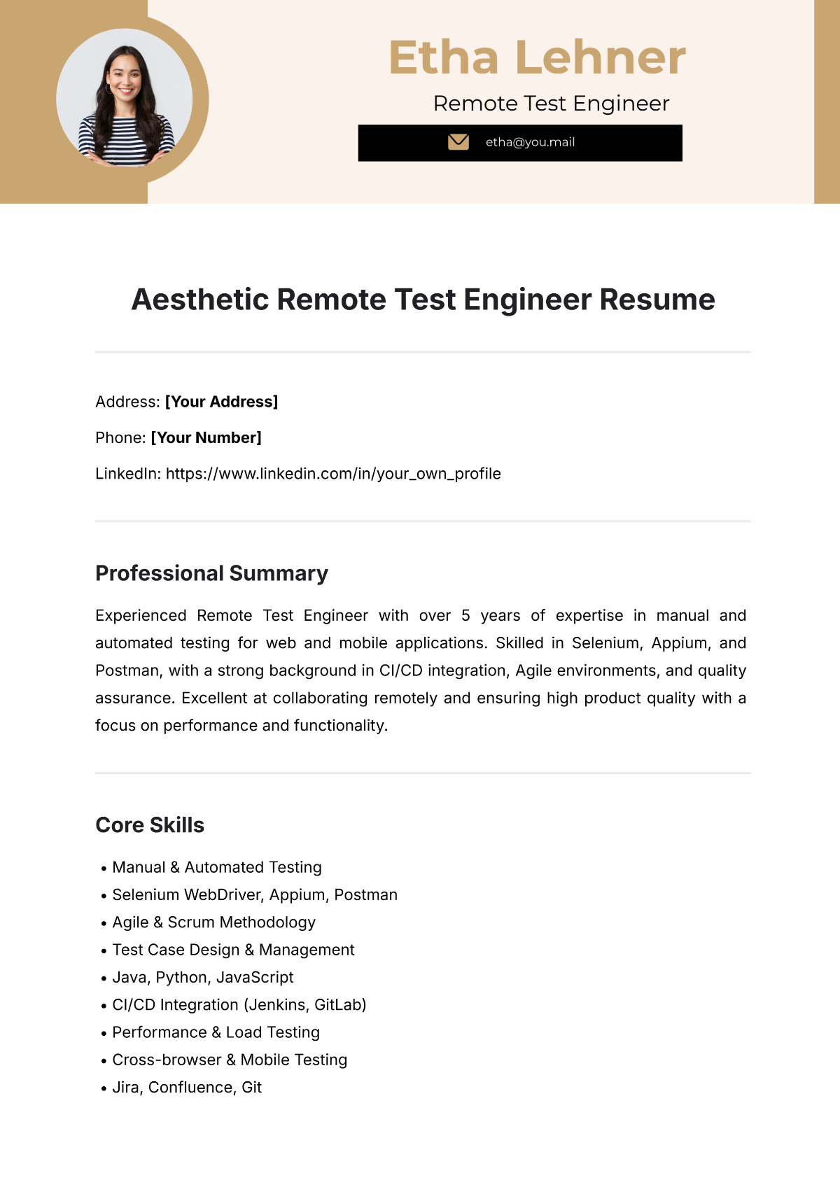 Aesthetic Remote Test Engineer Resume Template - Edit Online & Download