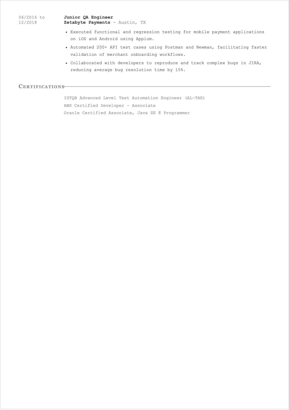 Free Aesthetic Remote Test Engineer ATS Resume Template