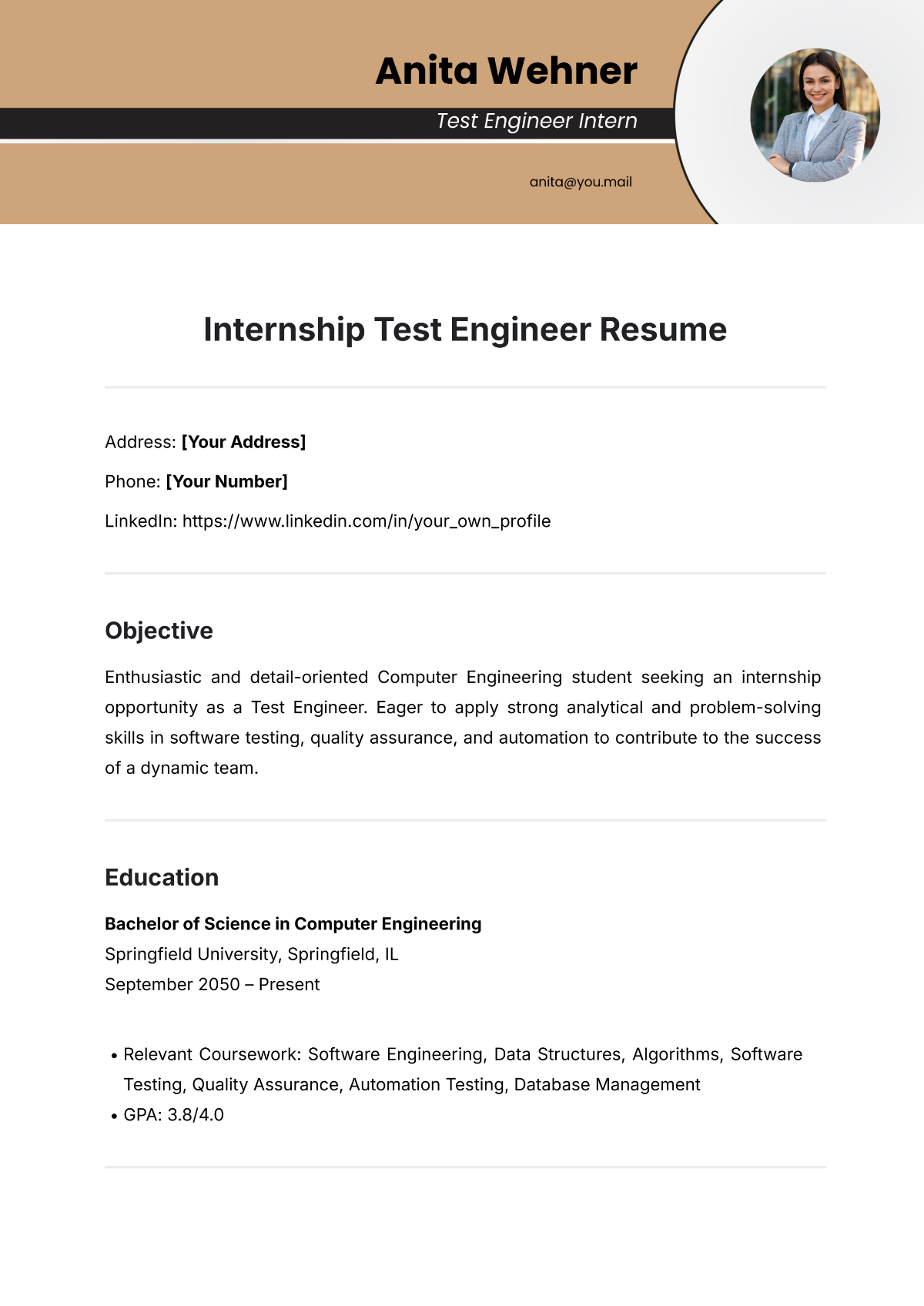 Internship Test Engineer Resume Template - Edit Online & Download