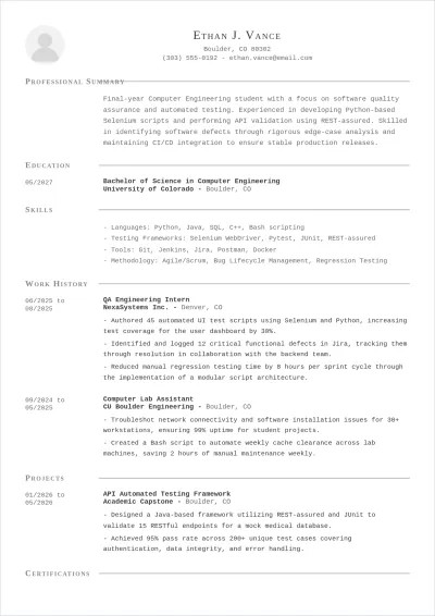 Free Internship Test Engineer ATS Resume Template, AI Resume Builder