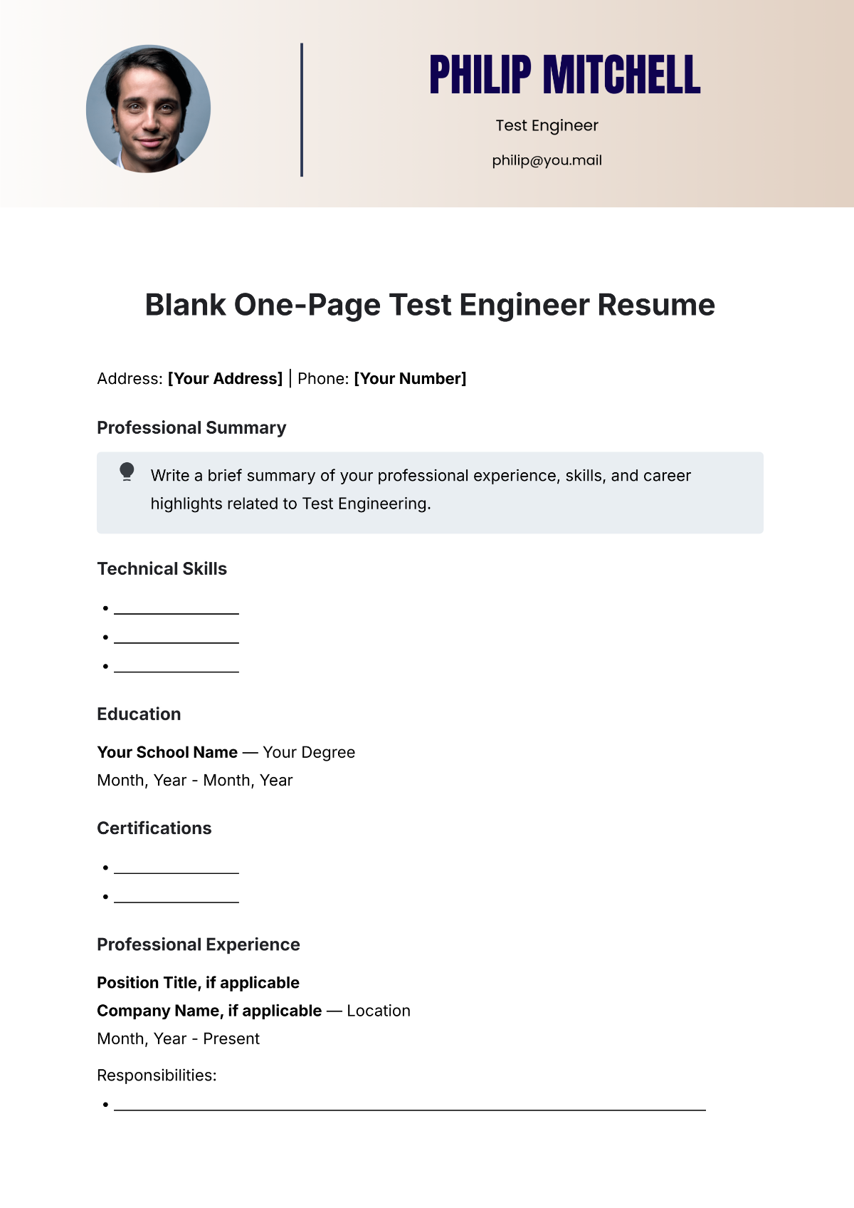 Blank One-Page Test Engineer Resume Template - Edit Online & Download