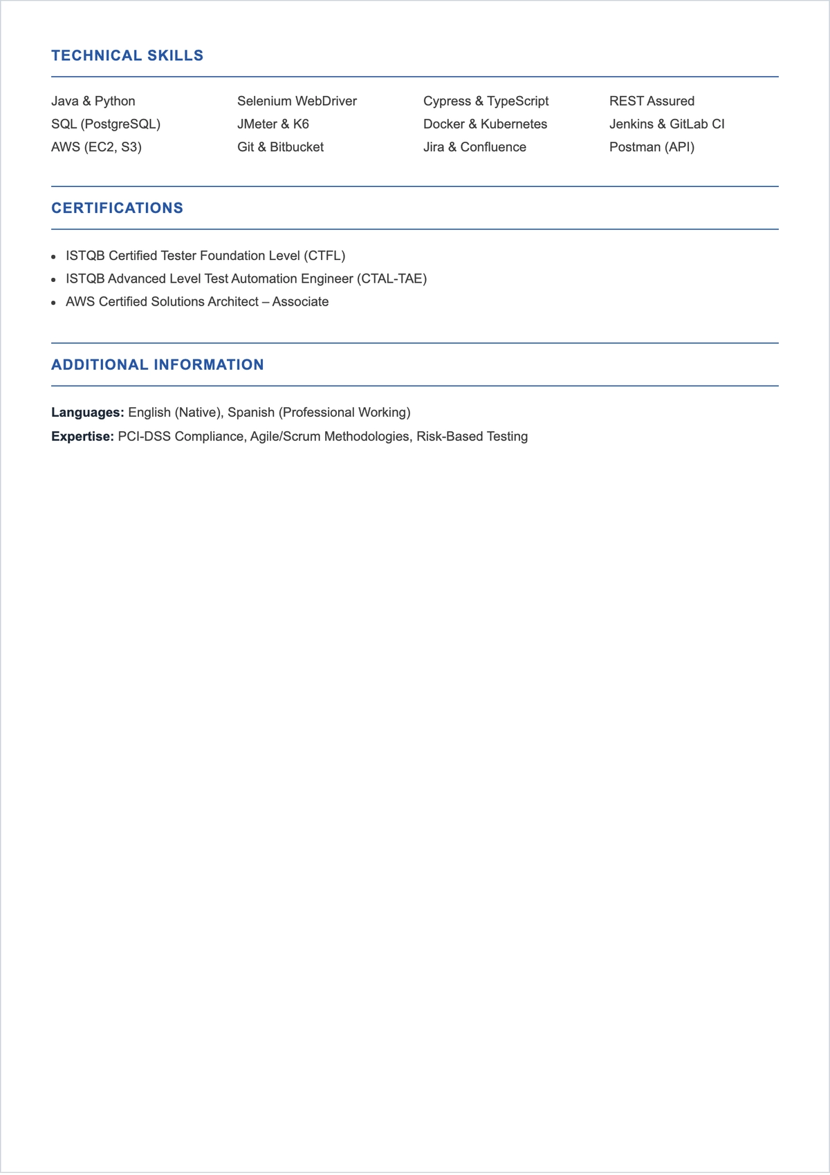 Free Blank One-Page Test Engineer ATS Resume Template