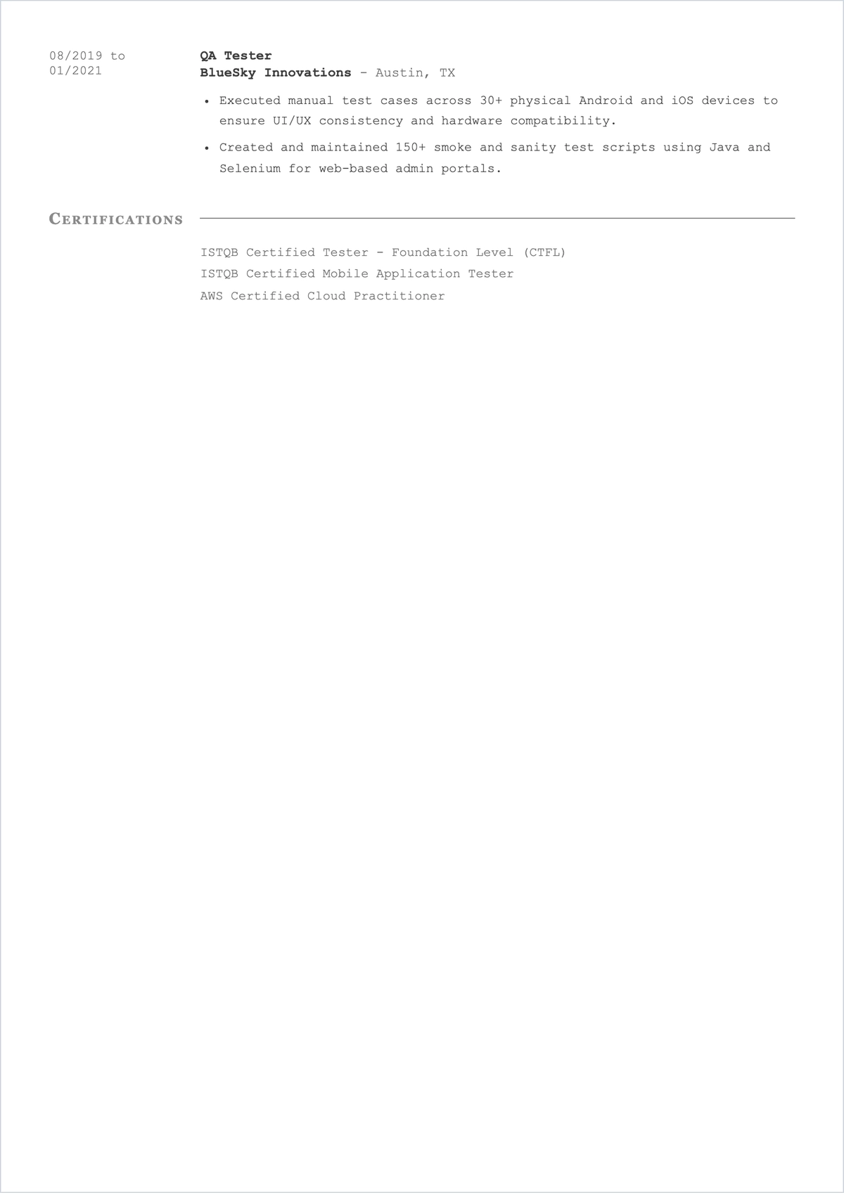 Free Mobile App Test Engineer ATS Resume Template, AI Resume Builder