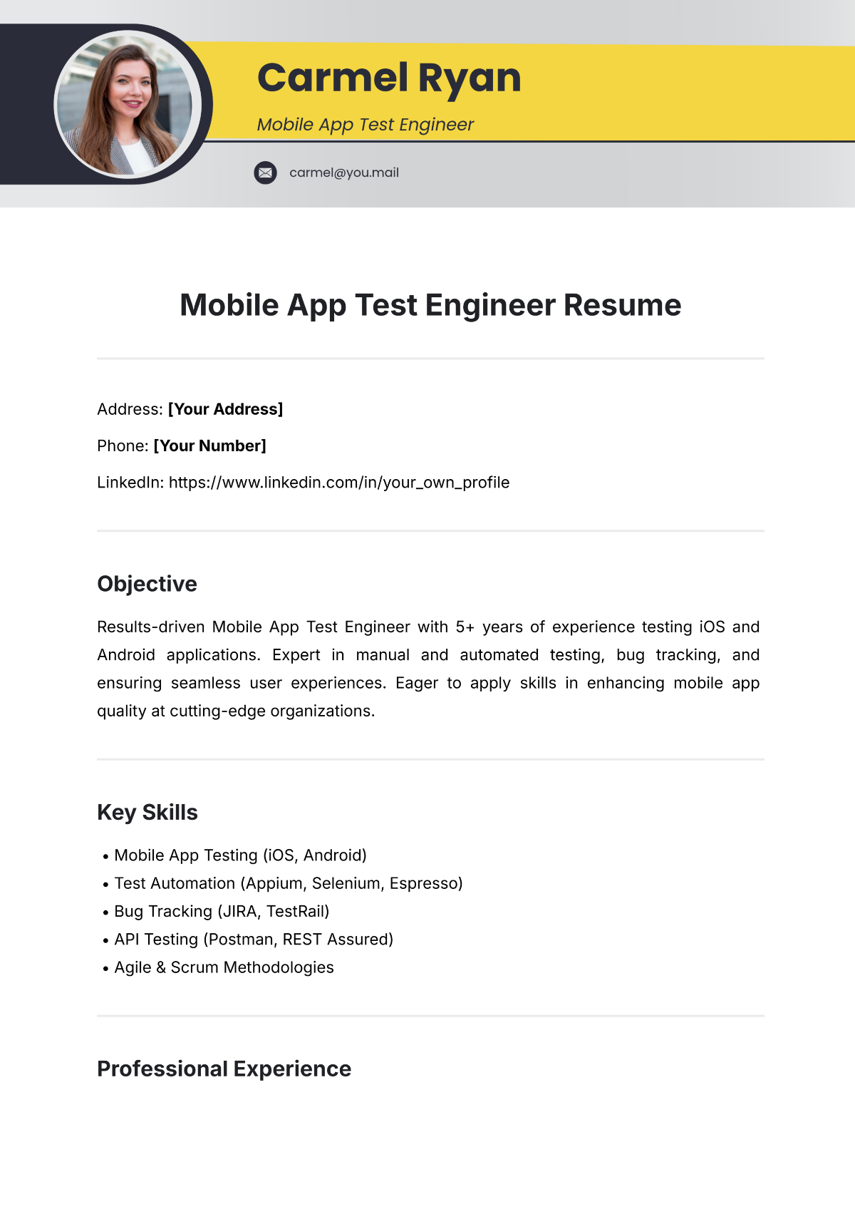 Mobile App Test Engineer Resume Template - Edit Online & Download