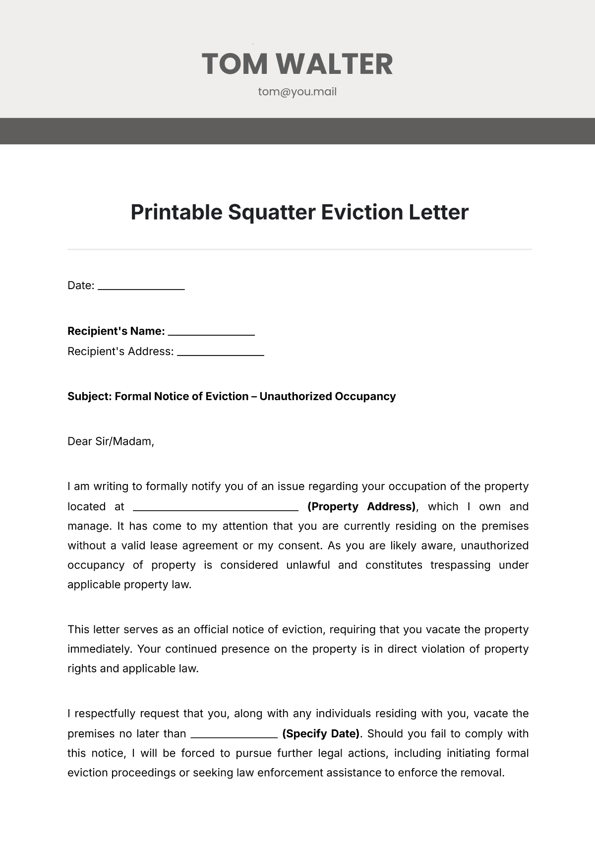 Printable Squatter Eviction Letter Template - Edit Online & Download