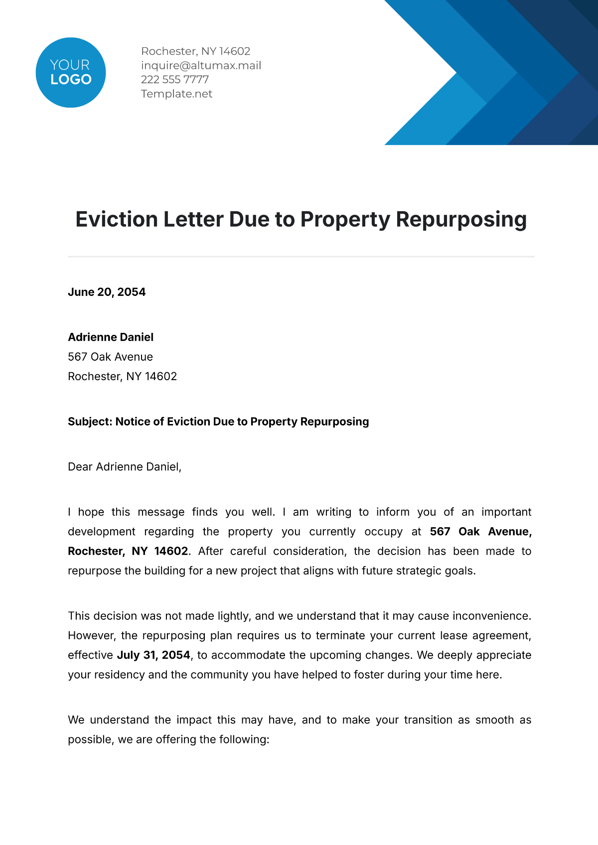 Eviction Letter Due to Property Repurposing Template - Edit Online & Download