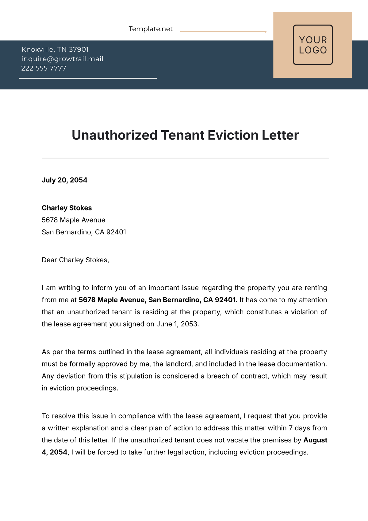 Unauthorized Tenant Eviction Letter Template - Edit Online & Download