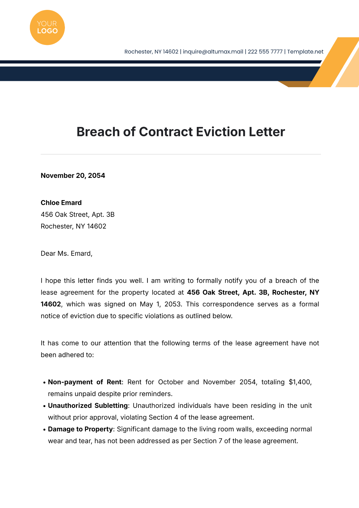 Breach of Contract Eviction Letter Template - Edit Online & Download