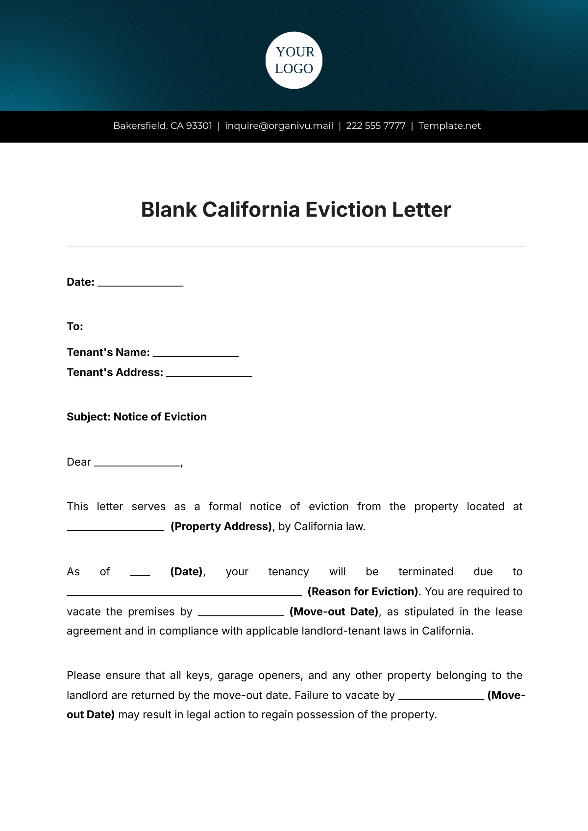 Blank California Eviction Letter Template - Edit Online & Download