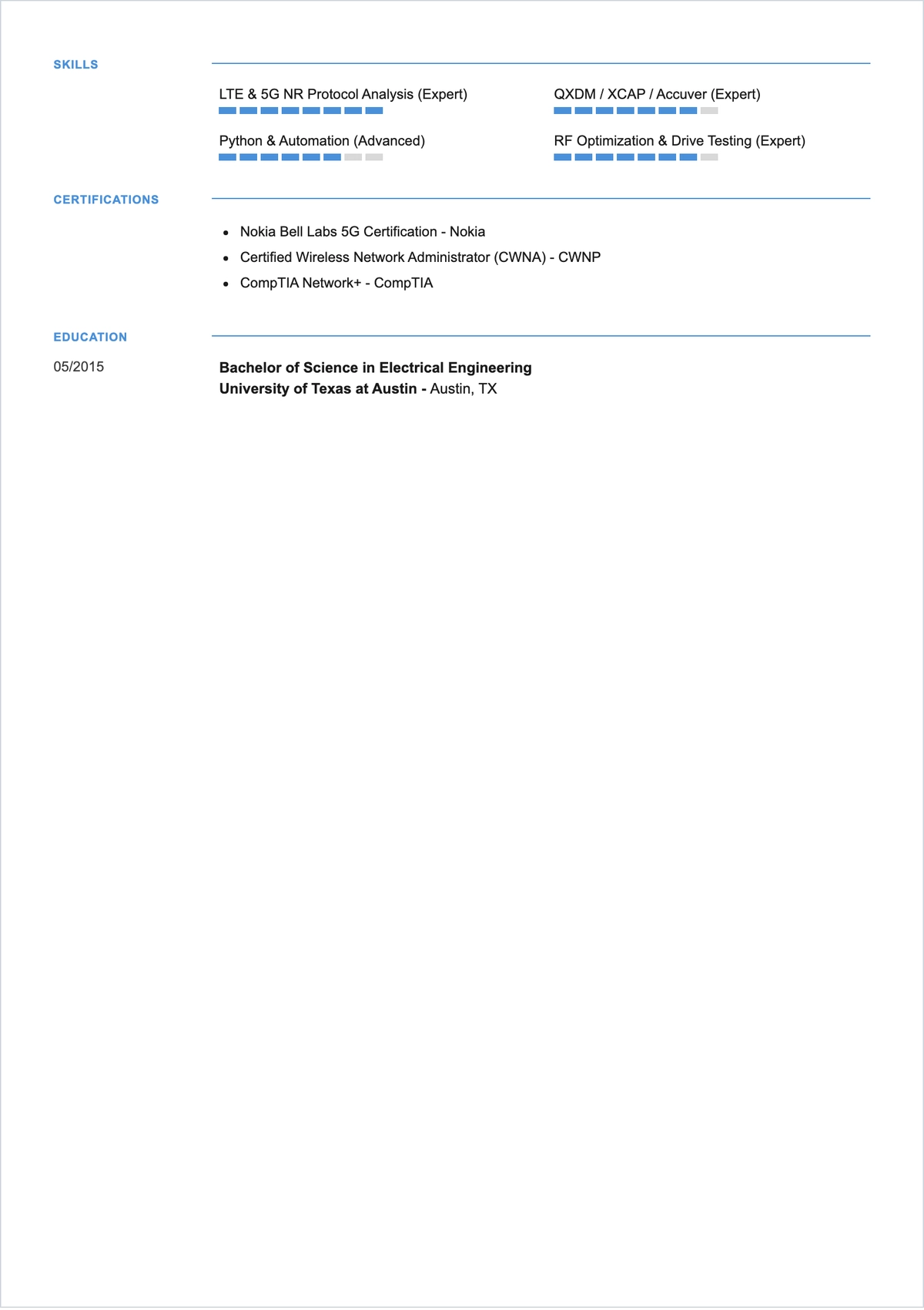Free LTE Test Engineer ATS Resume Template, AI Resume Builder