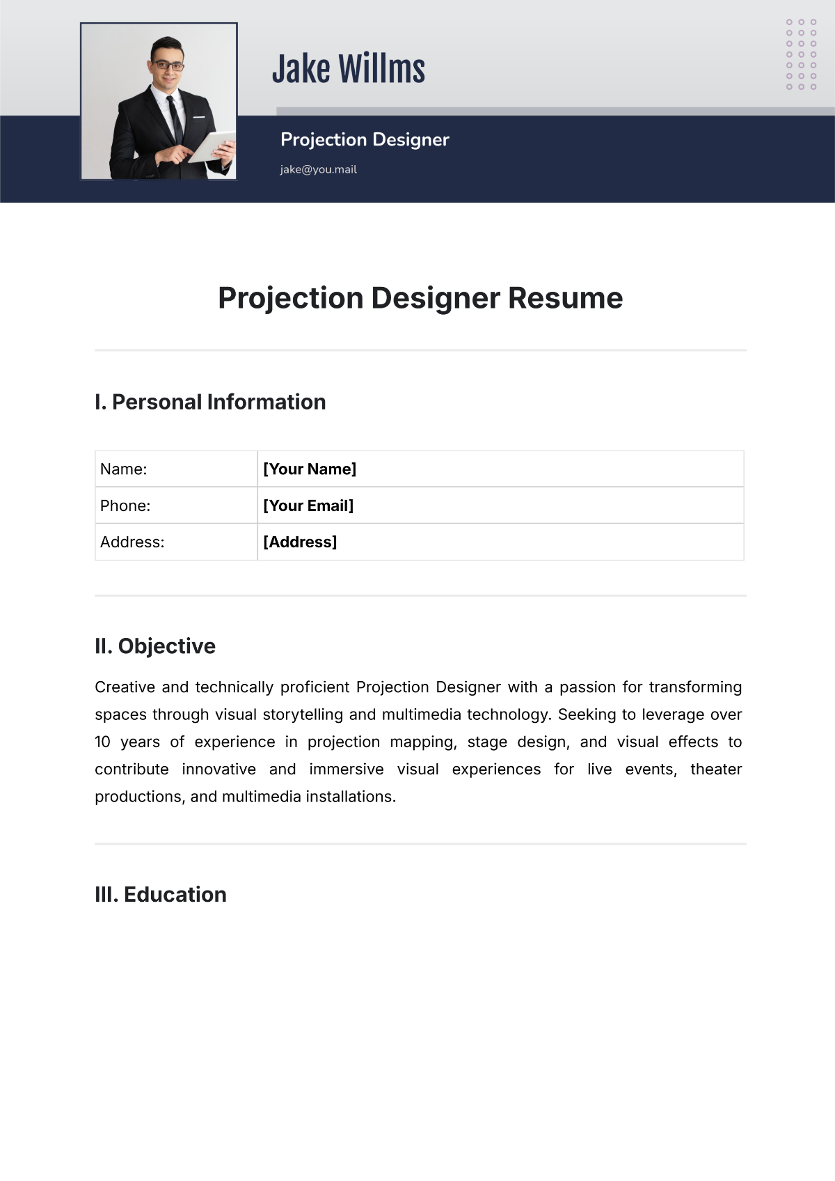 Projection Designer Resume Template - Edit Online & Download