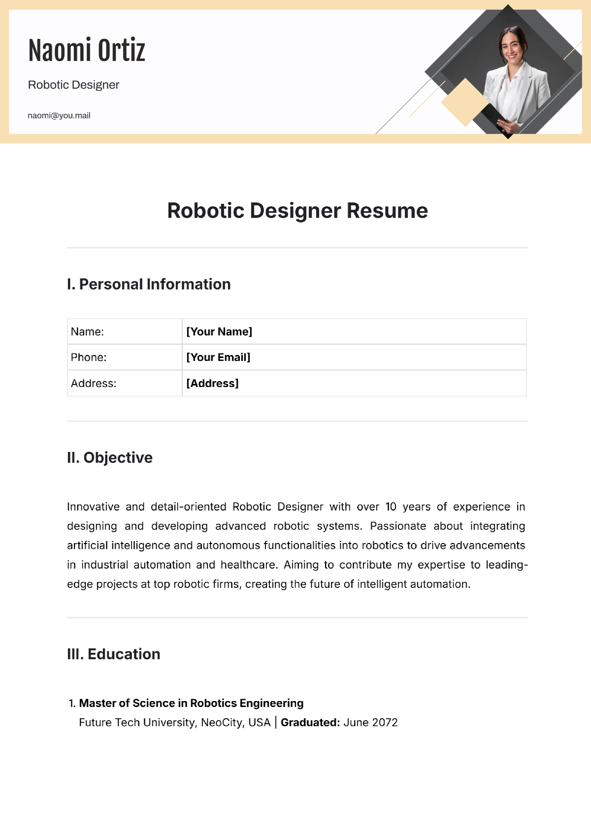 Robotic Designer Resume Template - Edit Online & Download