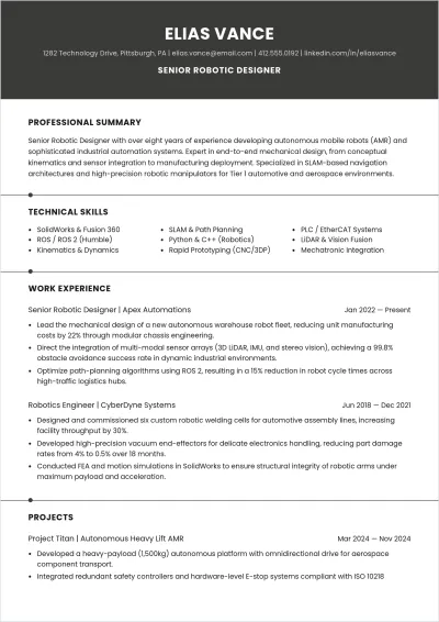 Free Robotic Designer ATS Resume Template, AI Resume Builder