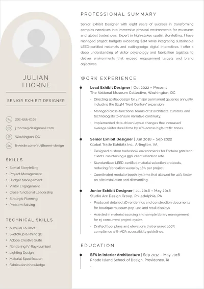 Free Printable Exhibit Designer ATS Resume Template, AI Resume Builder