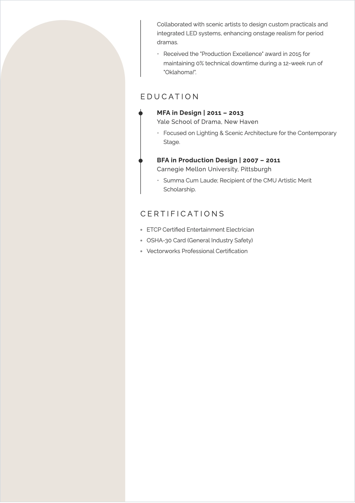 Free Theater Designer ATS Resume Template, AI Resume Builder