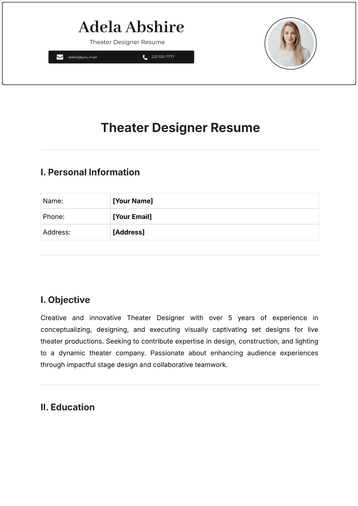 Theater Designer Resume Template - Edit Online & Download