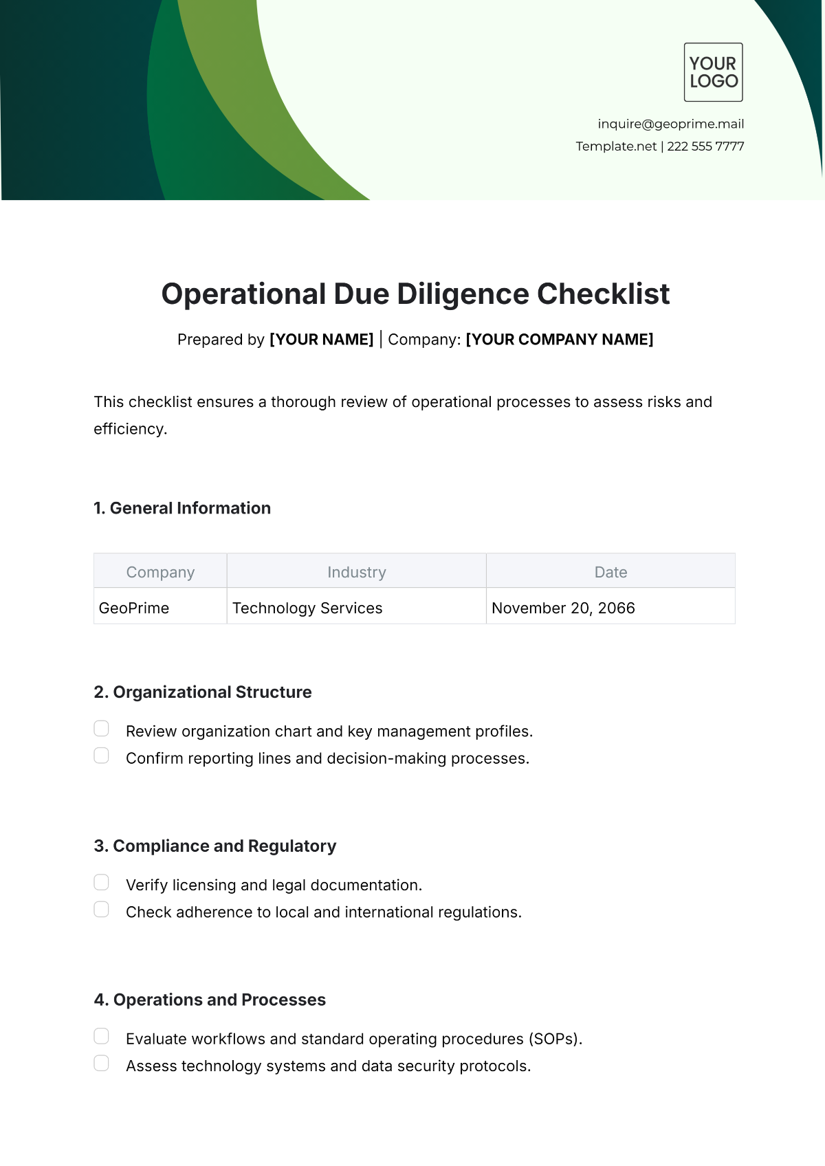 Free Operational Due Diligence Checklist Template