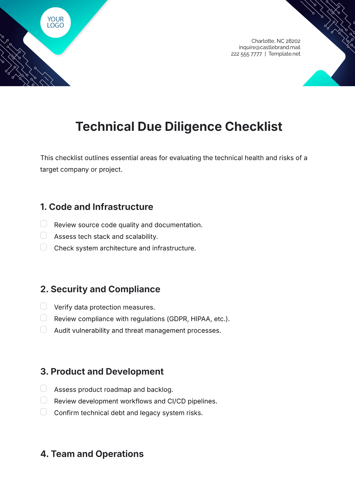 Technical Due Diligence Checklist Template - Edit Online & Download