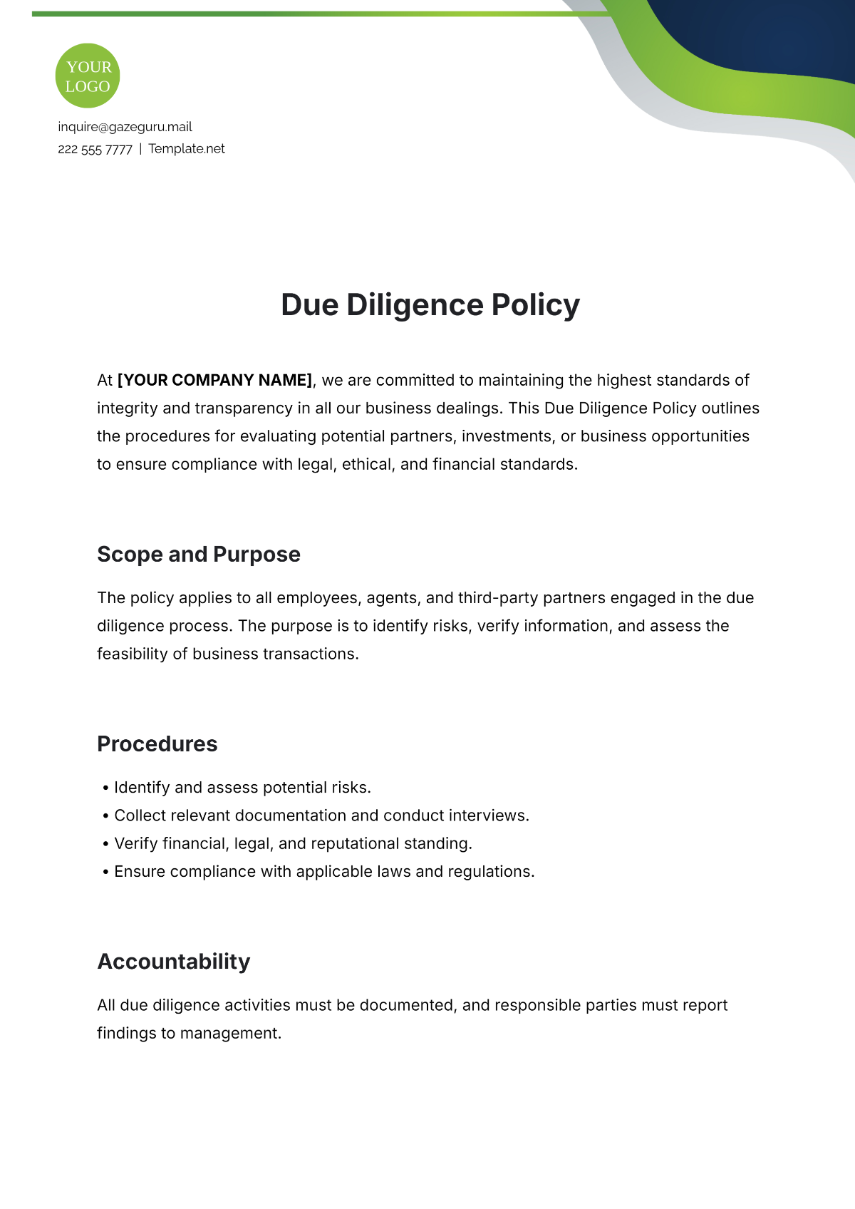 Due Diligence Policy Template - Edit Online & Download