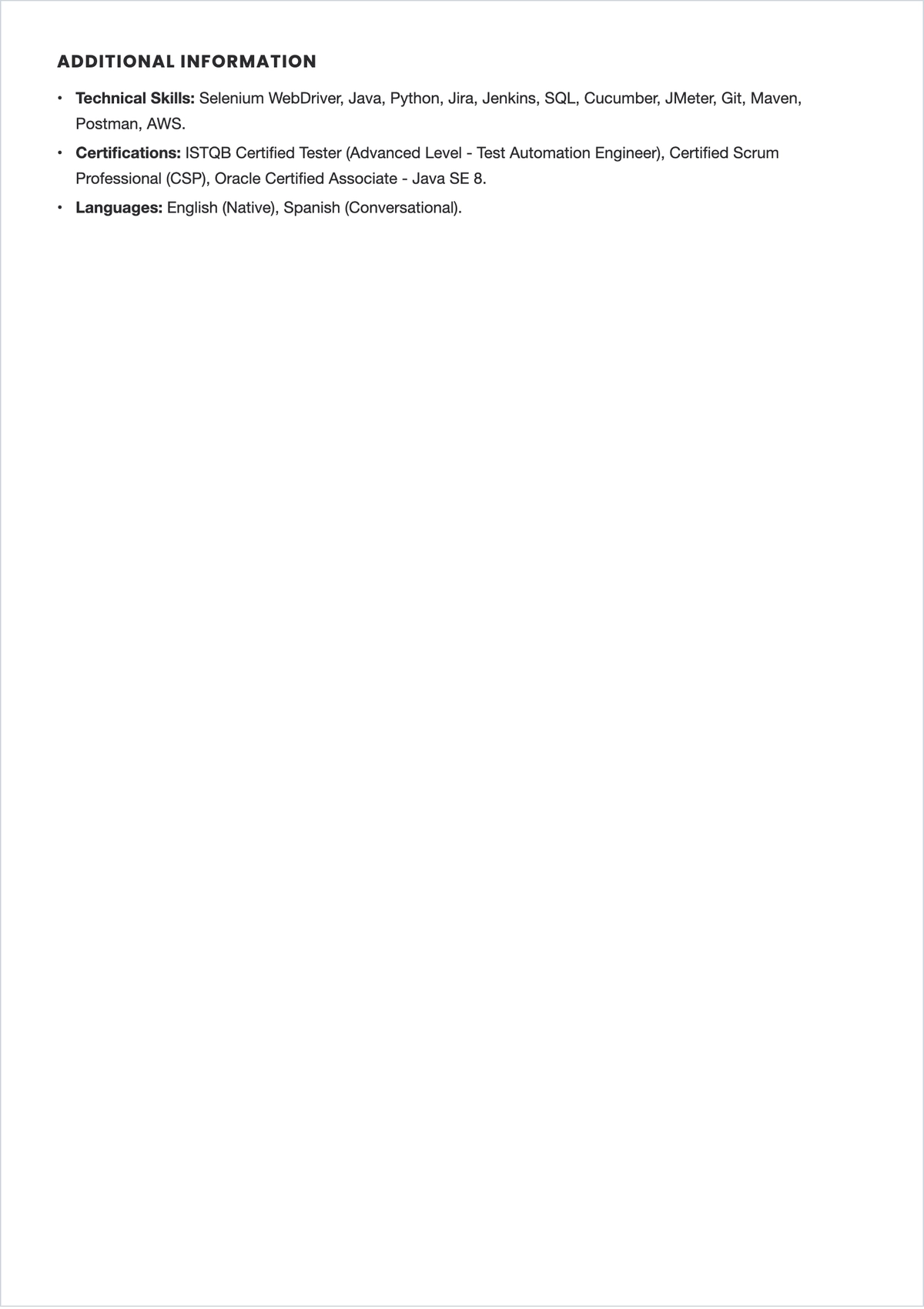 Free Agile Test Engineer ATS Resume Template, AI Resume Builder