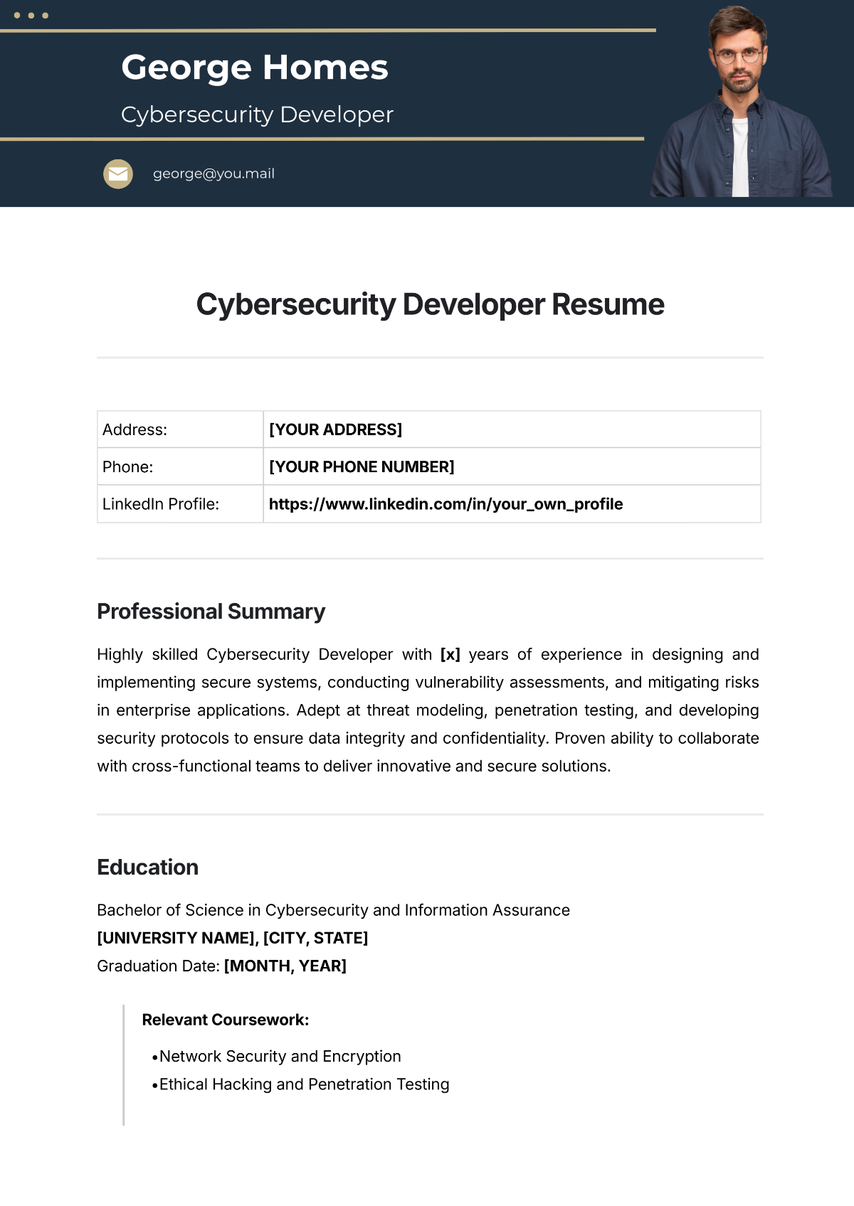 Cybersecurity Developer Resume Template - Edit Online & Download